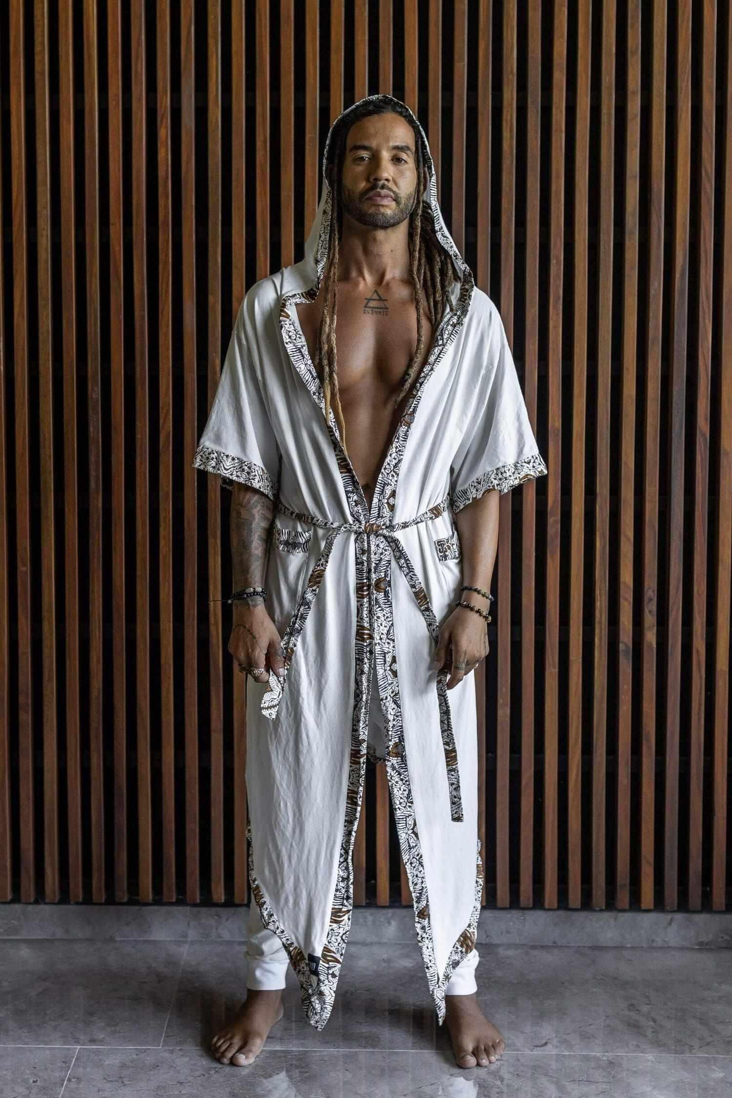 SHITAGI White - Unique hooded bamboo kimono with tribal details - VALO Design Clothing