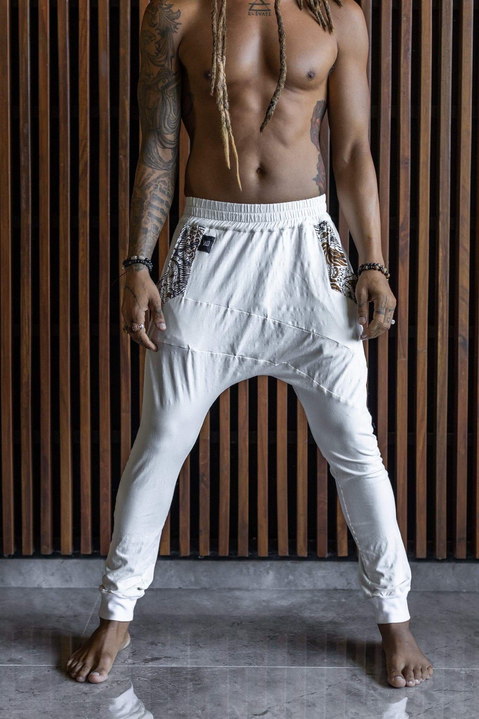 SHIVAJI - bamboo stretch slim leg drop crotch pants with unique details - VALO Design Clothing