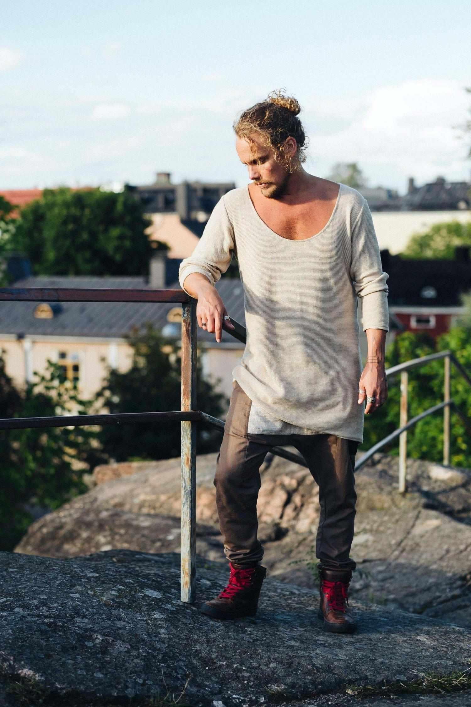 VALOdesigns Shirts S/M Unisex / Cream/Beige TULI Knit - Long sleeve deep v-neck asymmetric knit cotton shirt