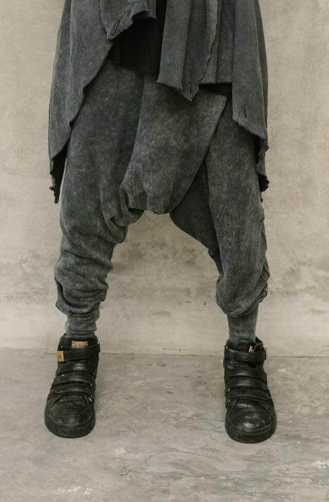 VALO Design Pants URBAN NINJA - Elegant Black Stonewash / Dark Grey harem drop crotch trousers from high quality 100% cotton