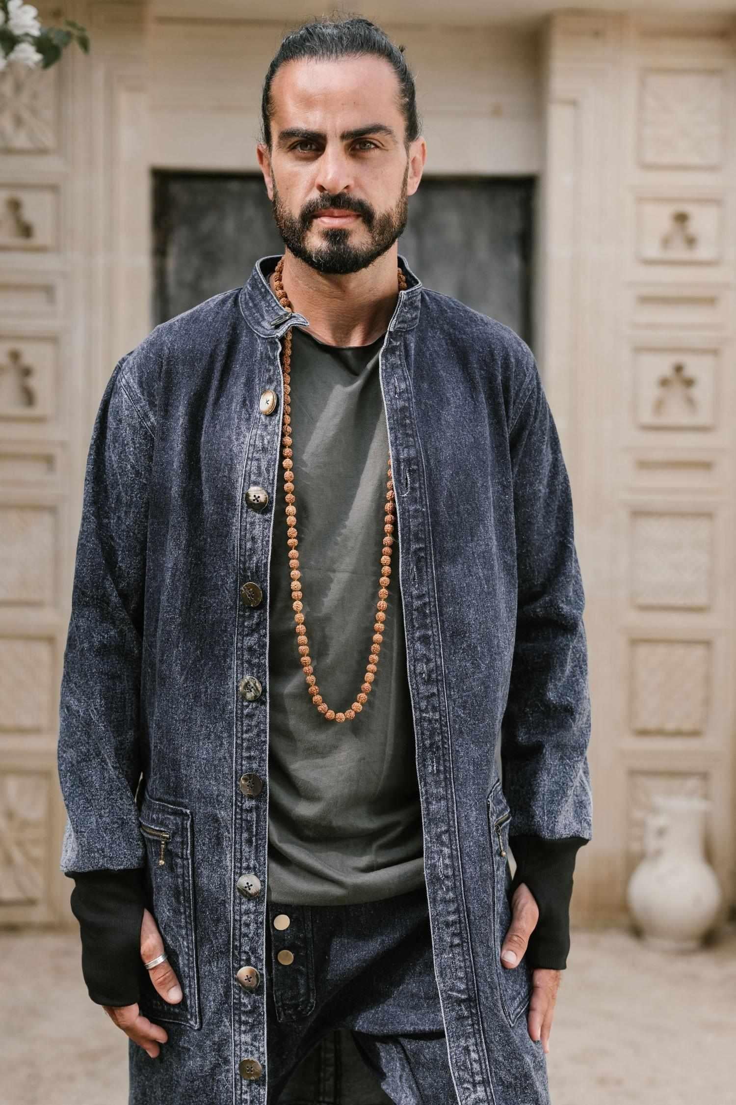 USKO Jacket - Stonewashed Denim Jacket with Nehru Collar
