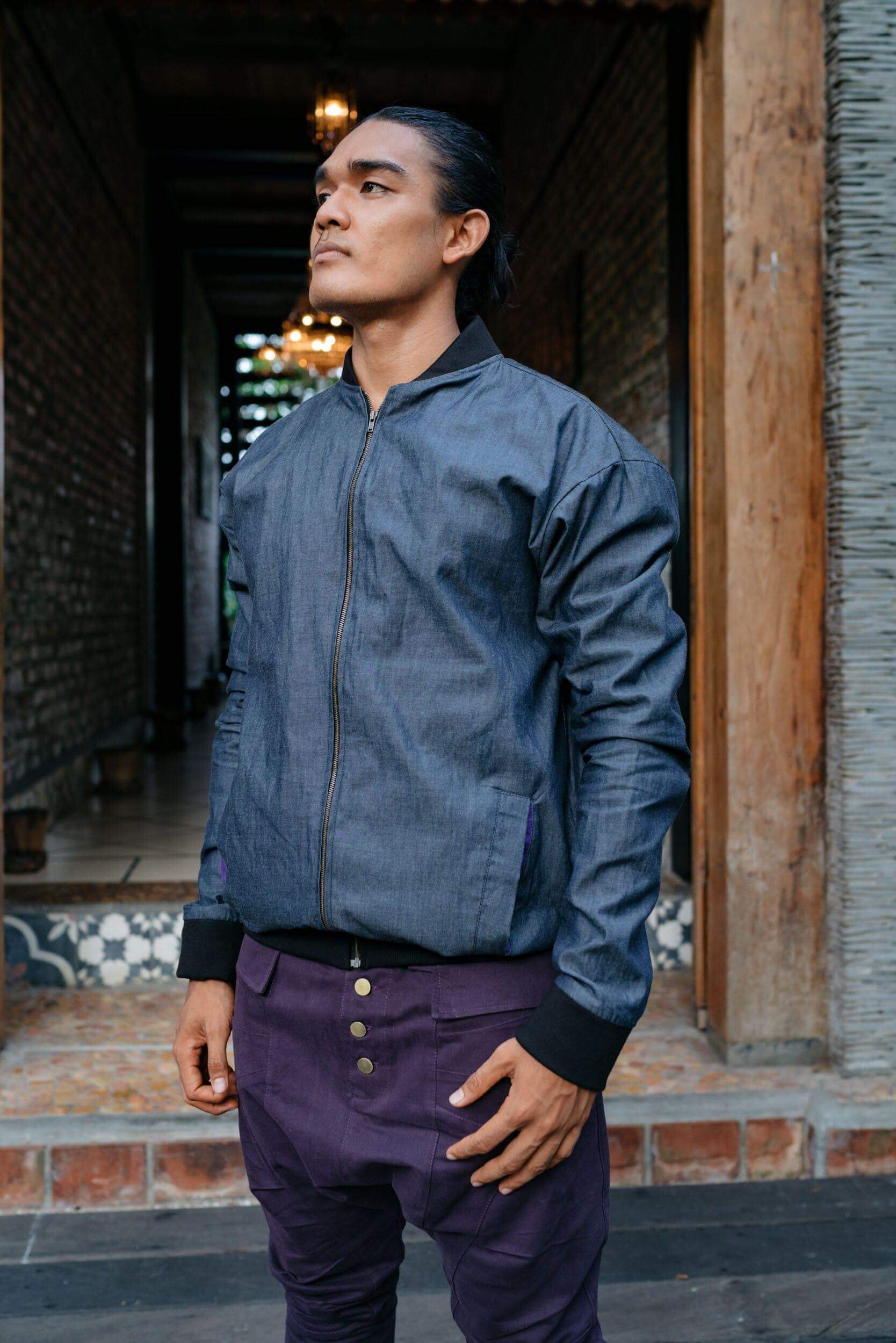 VALOdesigns Jackets S/M / Charcoal Blue VALO BOMBER - Reversible multicolor cotton bomber zipper jacket with unique print