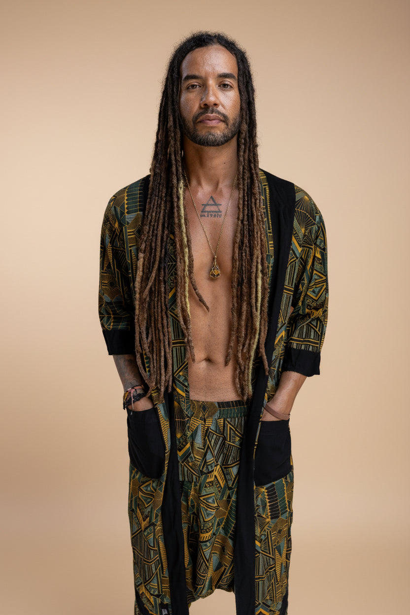 VALO Design Kimono Blue Green Prism - An impressive and elegant 100% tencel long kimono cardigan, for festivals, beach or lounging at home