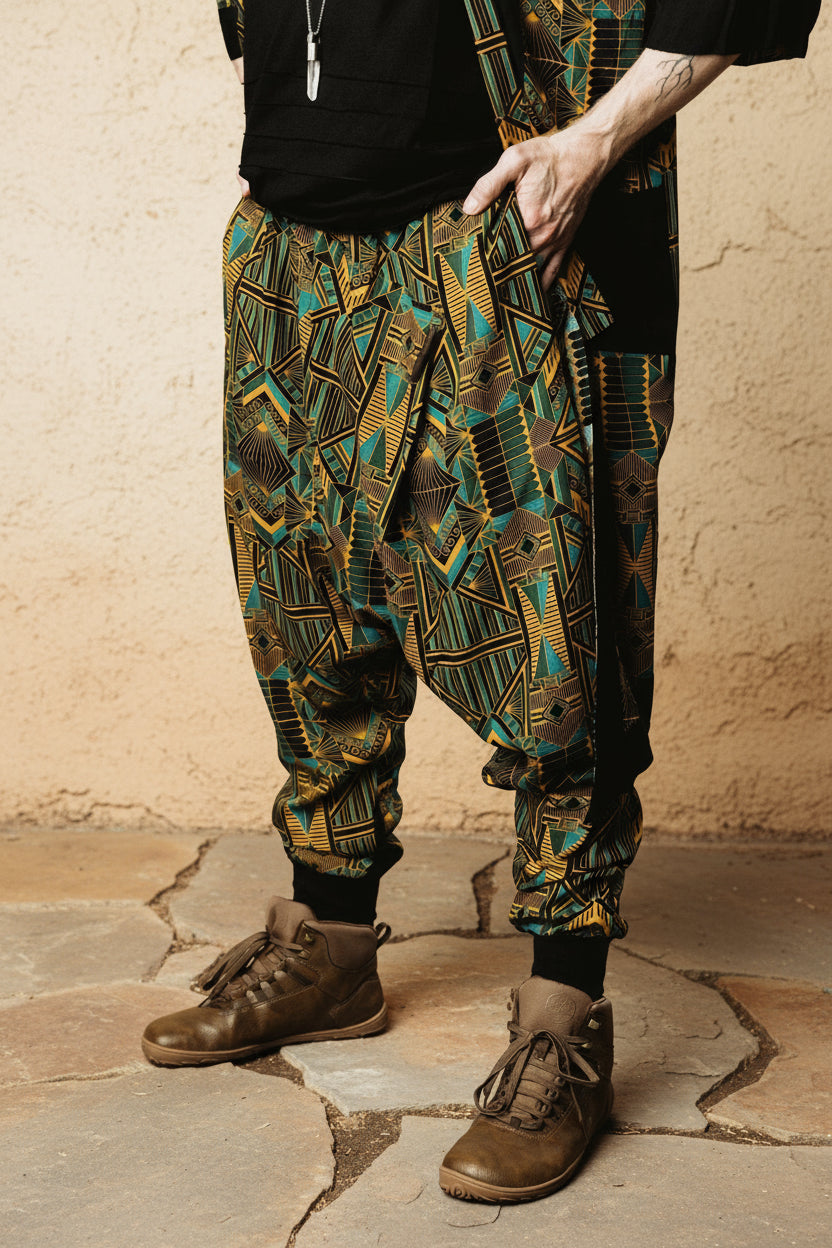 VALO Design Ninja Prism Blue Green Pants - Slim leg drop crotch harem sarouel pants