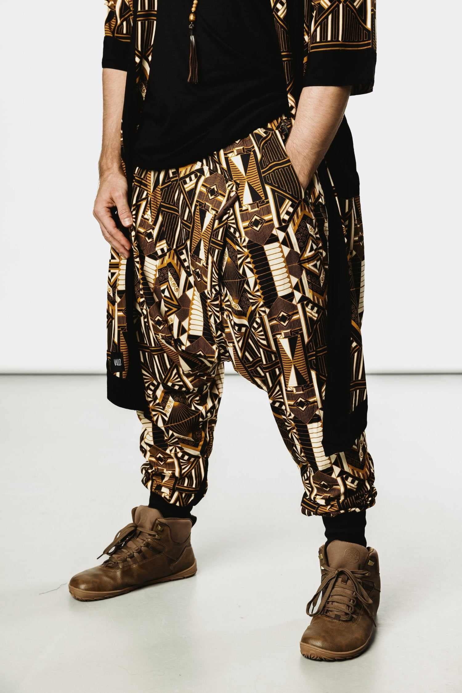 VALO Design Valo Spirit Ninja Gold Prism - Slim leg drop crotch harem sarouel pants