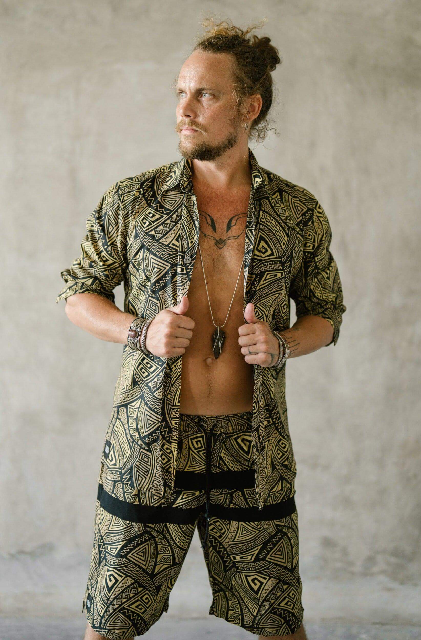 VALO SPIRIT PANTAI Black & Gold Tribal - A classic slim fit button up shirt with unique print - VALO Design Clothing