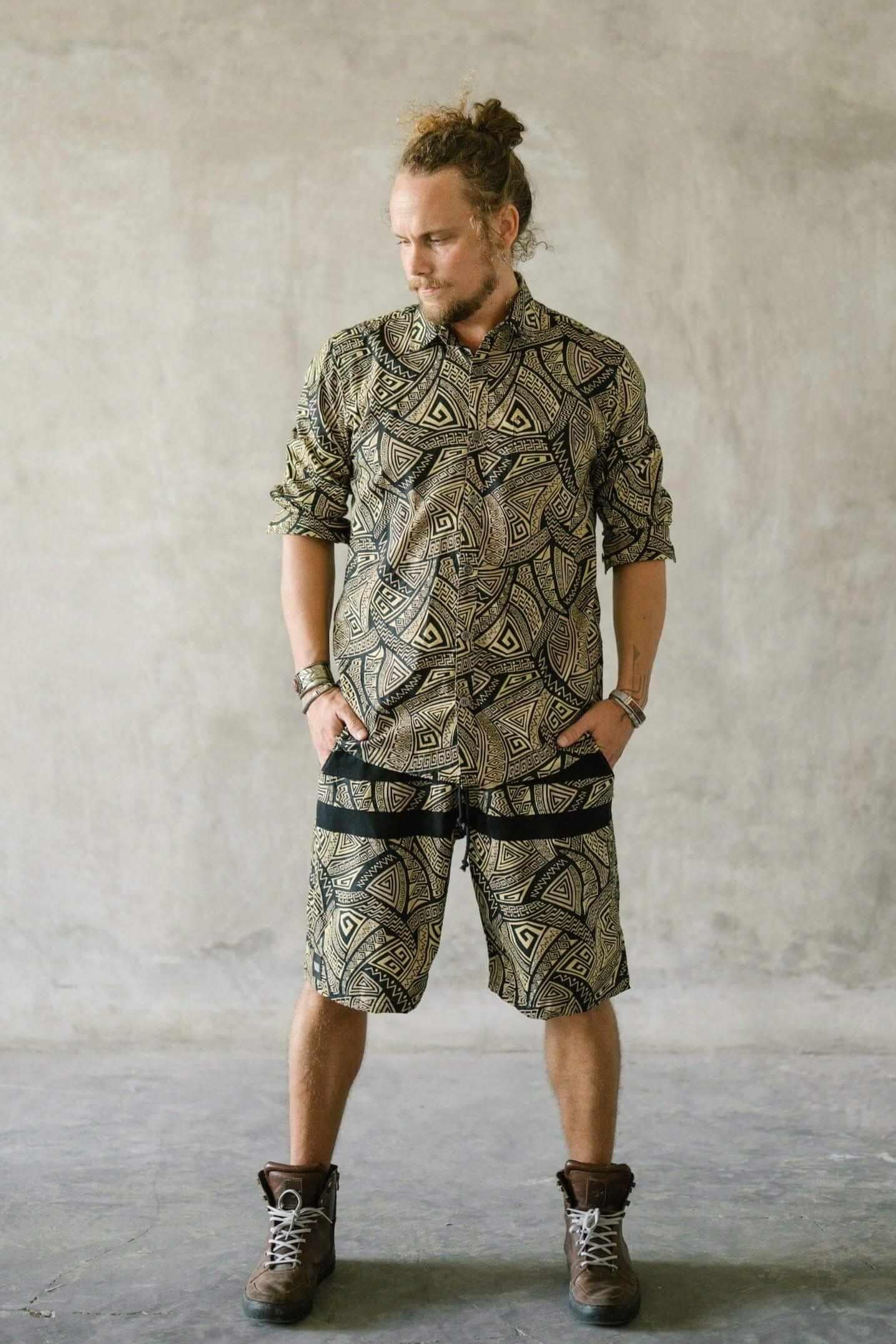 VALO SPIRIT PANTAI Black & Gold Tribal - A classic slim fit button up shirt with unique print - VALO Design Clothing