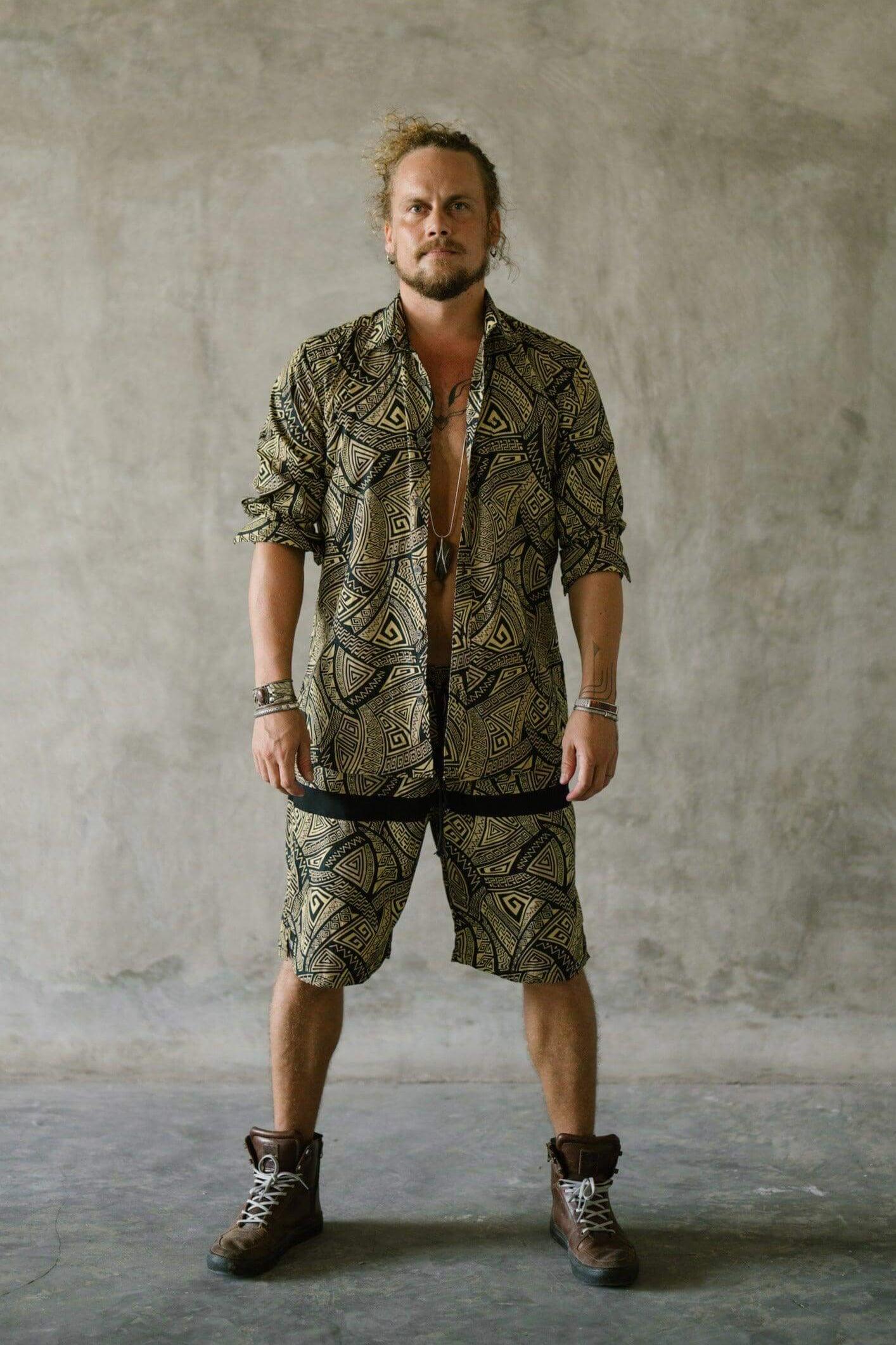 VALO SPIRIT PANTAI Black & Gold Tribal - A classic slim fit button up shirt with unique print - VALO Design Clothing