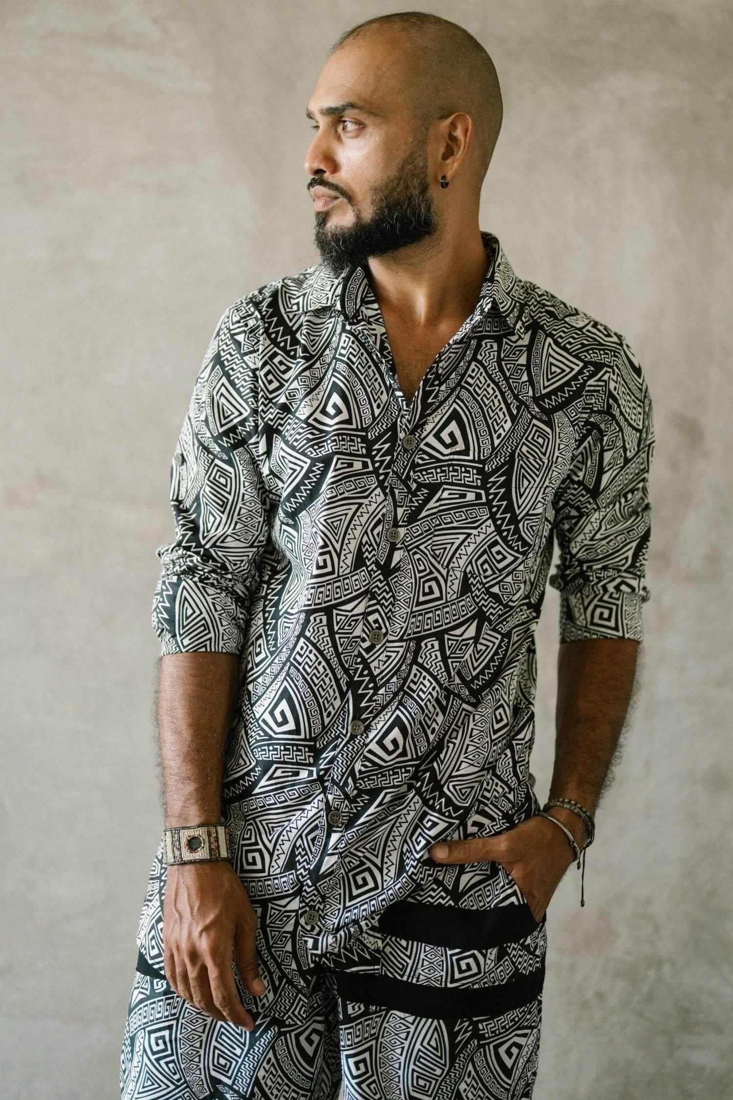 VALO SPIRIT PANTAI Black & White Tribal - A classic slim fit button up shirt with unique print - VALO Design Clothing