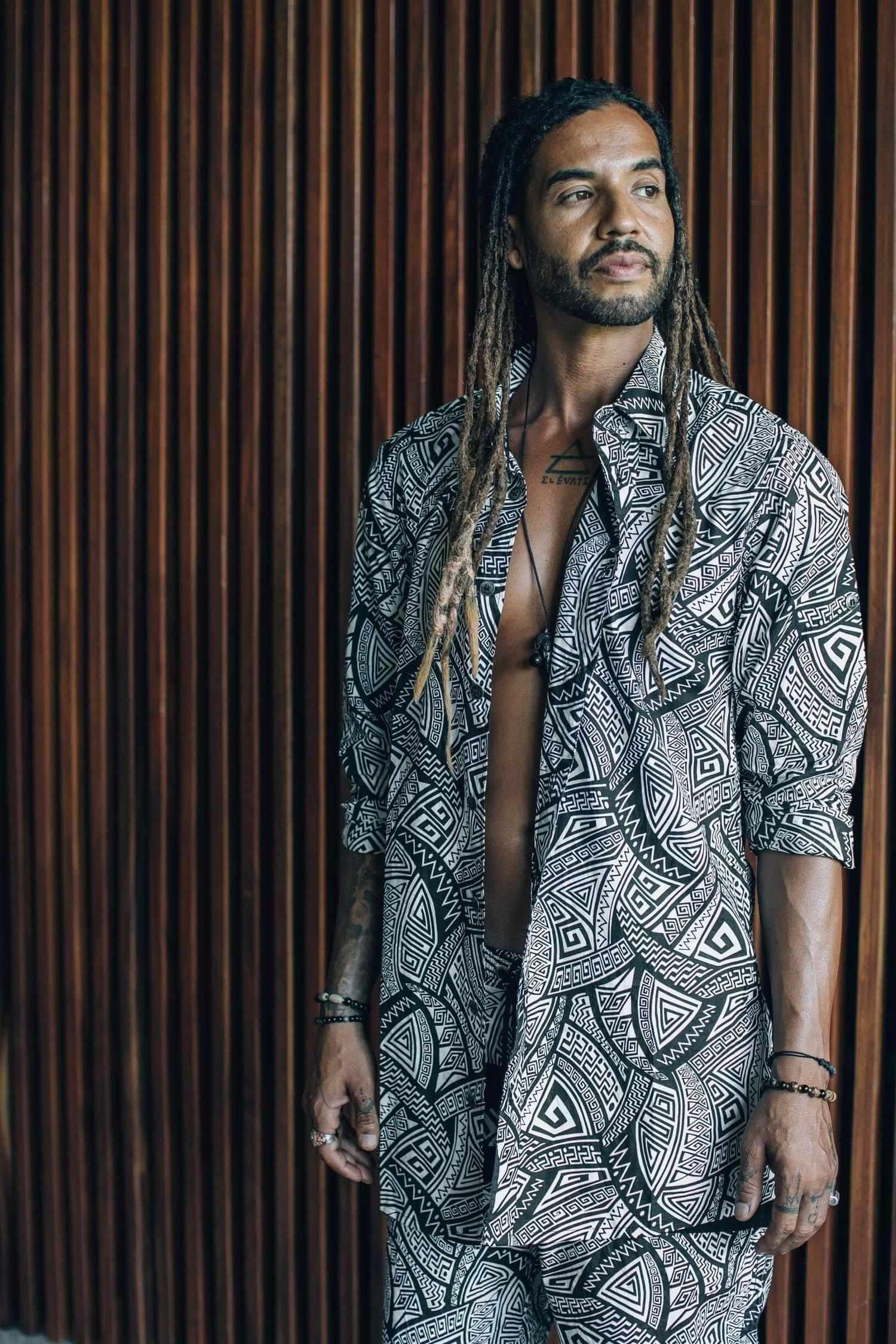 VALO SPIRIT PANTAI Black & White Tribal - A classic slim fit button up shirt with unique print - VALO Design Clothing