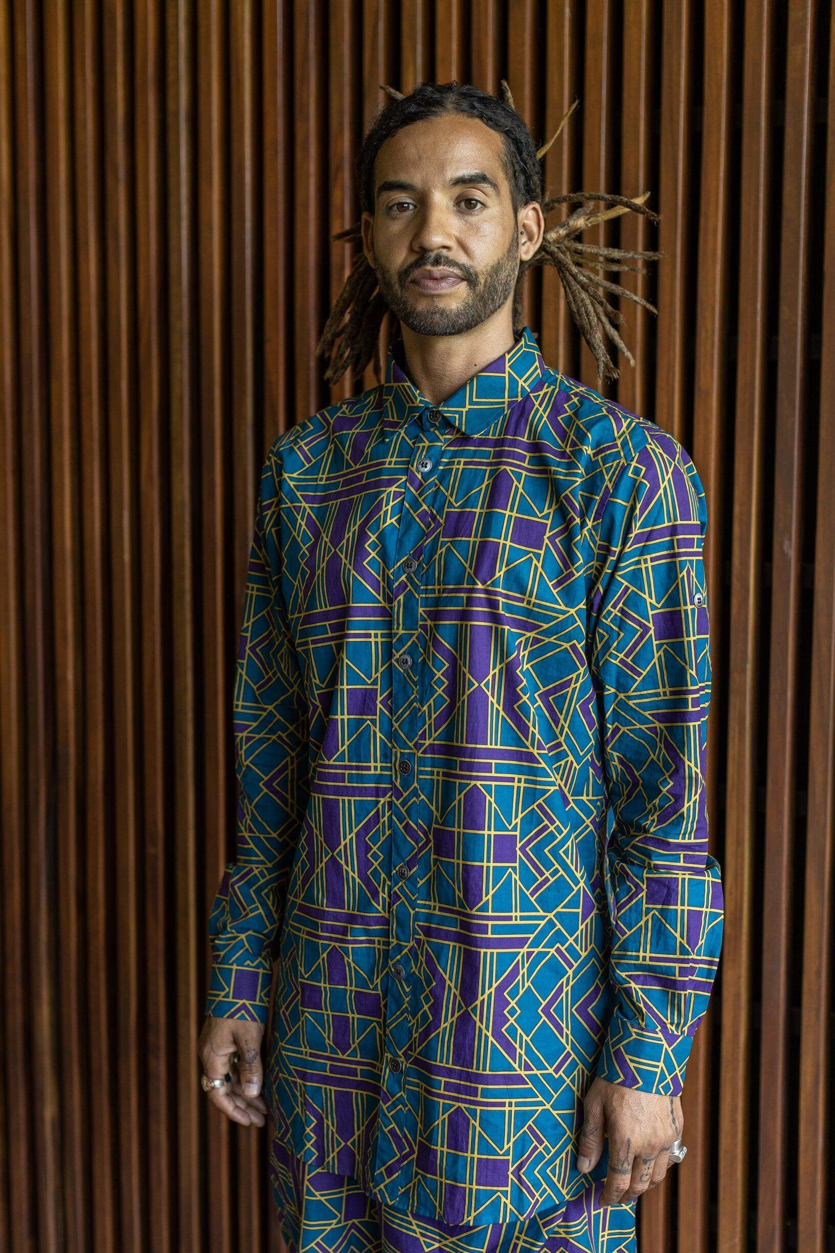 VALO SPIRIT PANTAI Blue Geometric - A classic slim fit button up shirt with unique print - VALO Design Clothing