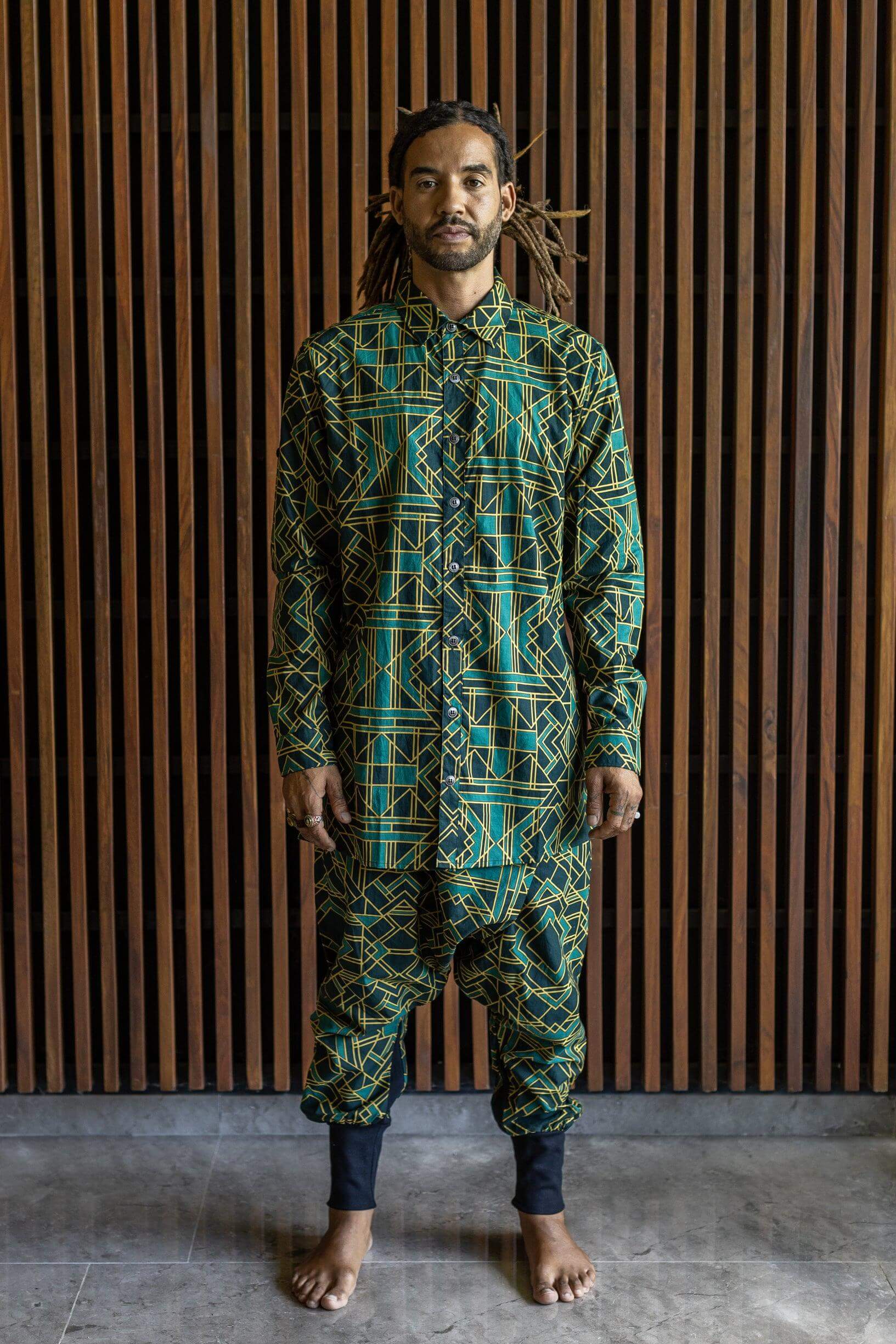 VALO SPIRIT PANTAI Green Geometric - A classic slim fit button up shirt with unique print - VALO Design Clothing