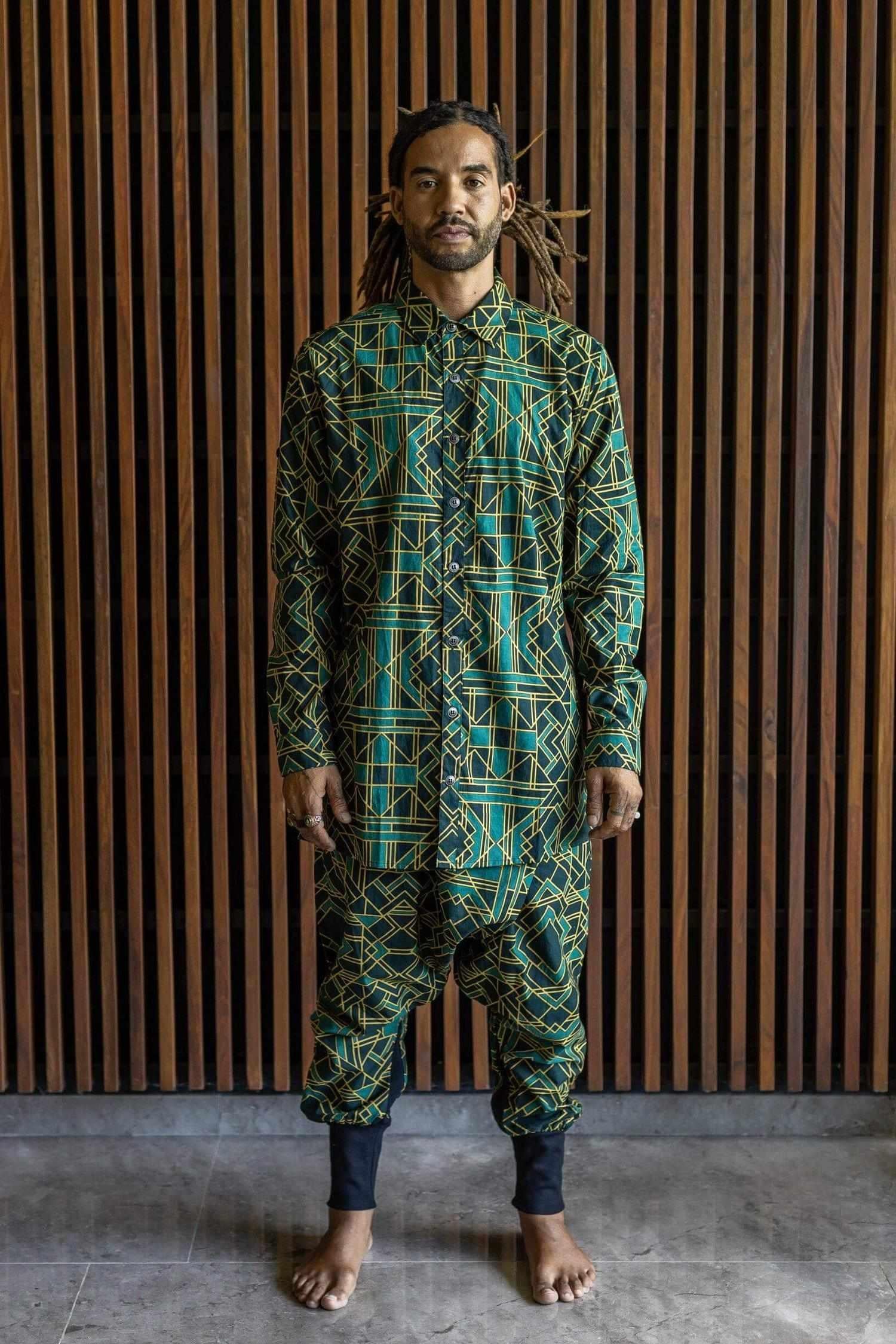 VALO SPIRIT PANTAI Green Geometric - A classic slim fit button up shirt with unique print - VALO Design Clothing