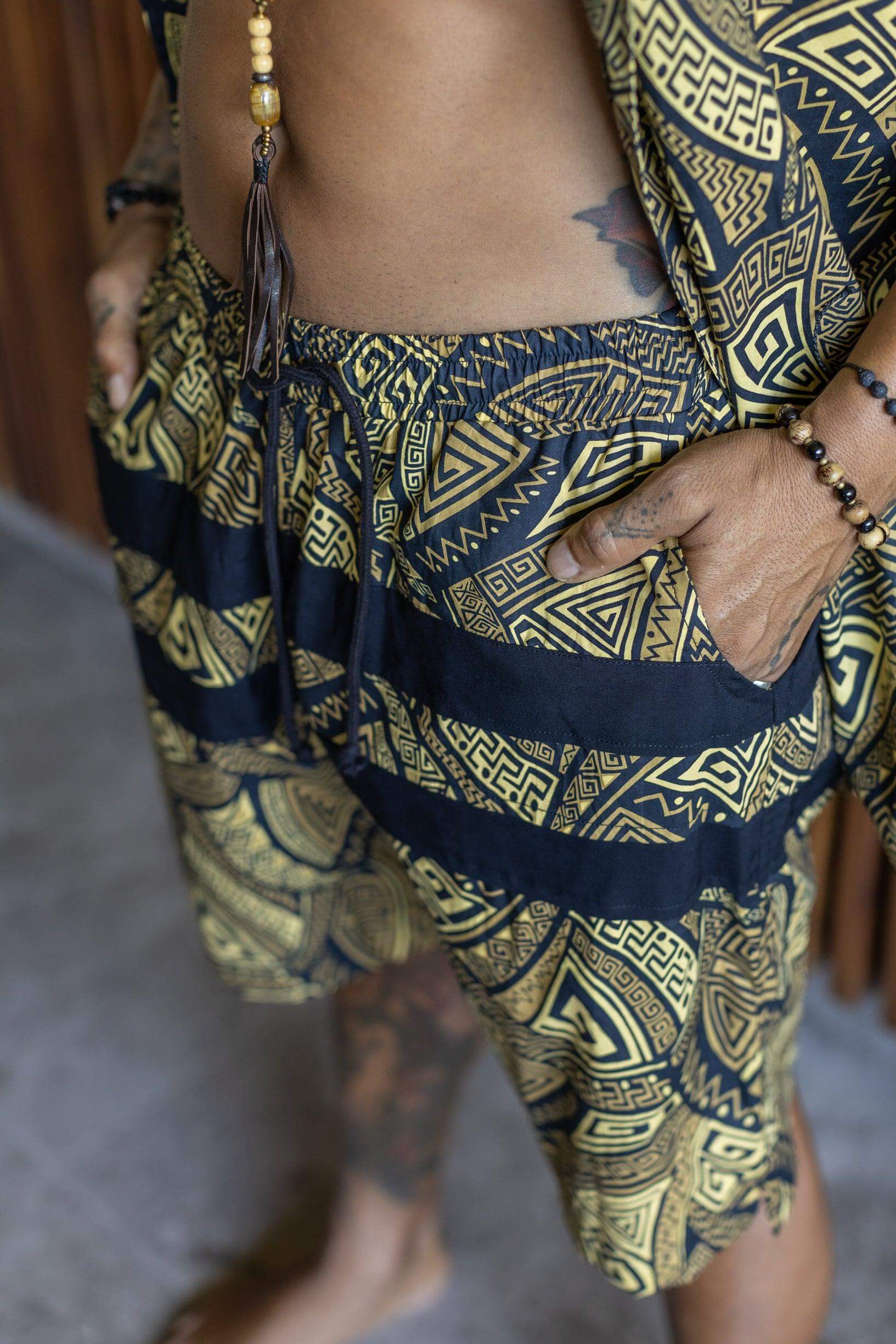 VALO SPIRIT PANTAI SHORTS Black & Gold Tribal - Light cotton summer shorts with designer art work print - VALO Design Clothing