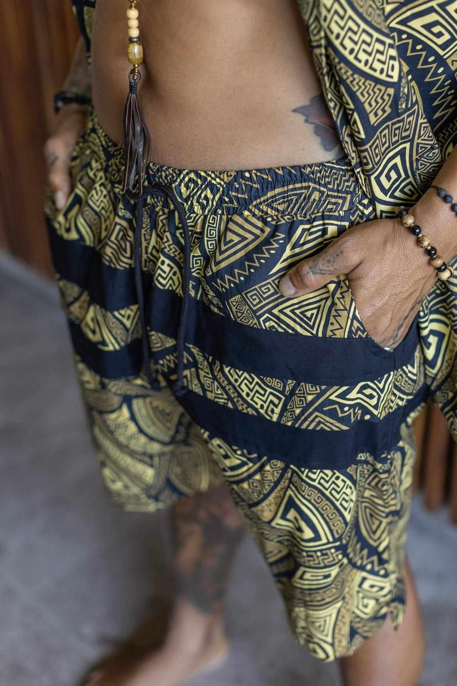 VALO SPIRIT PANTAI SHORTS Black & Gold Tribal - Light cotton summer shorts with designer art work print - VALO Design Clothing