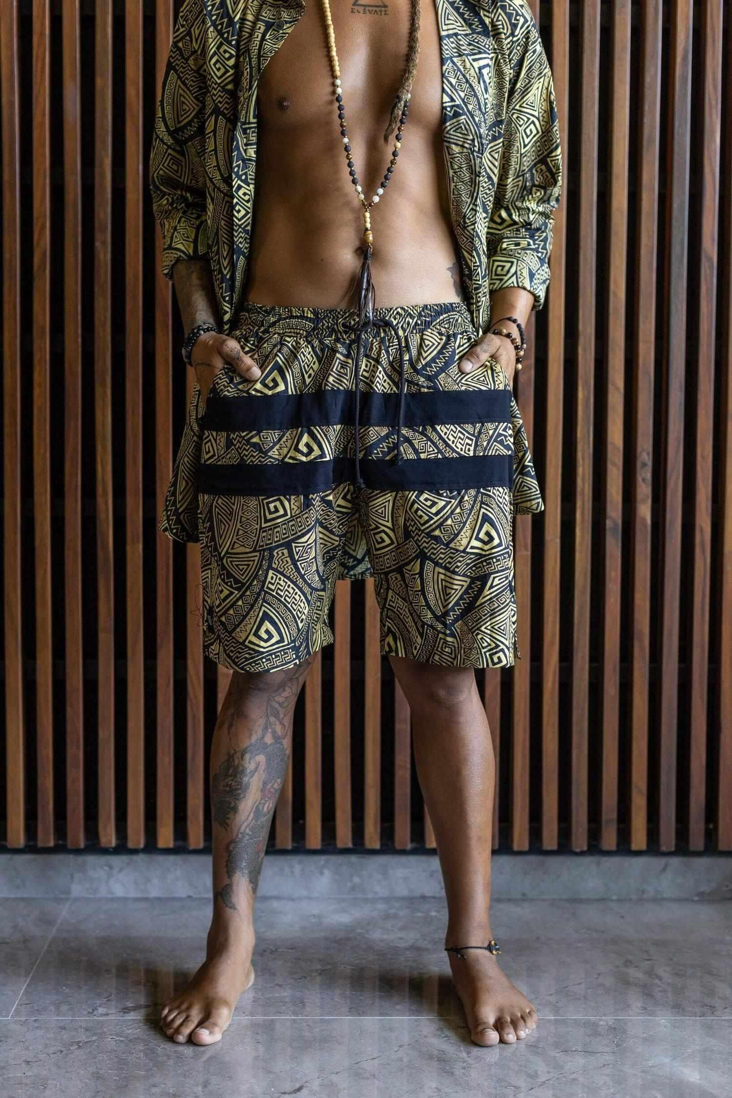 VALO SPIRIT PANTAI SHORTS Black & Gold Tribal - Light cotton summer shorts with designer art work print - VALO Design Clothing