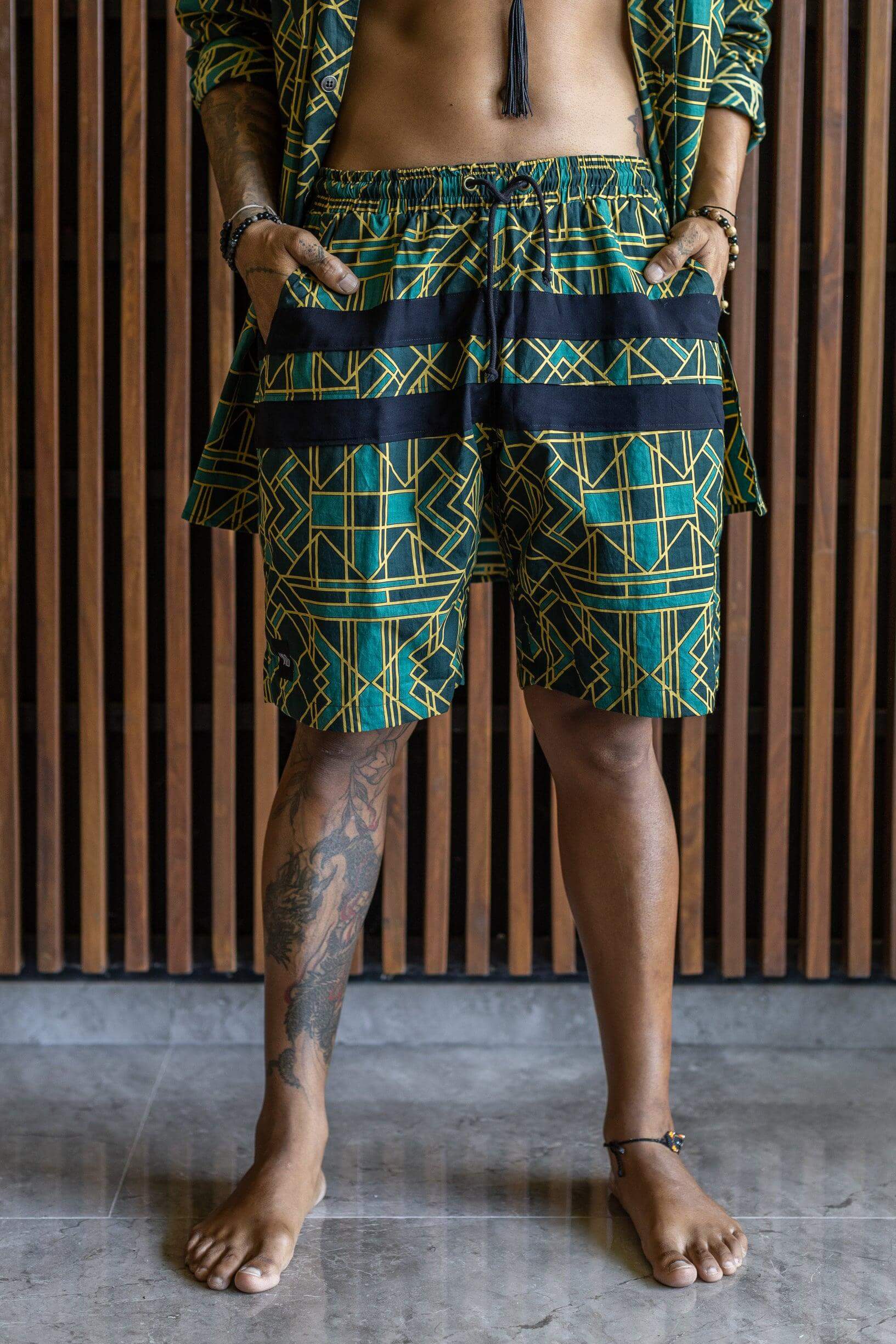 VALO SPIRIT PANTAI SHORTS Green Geometric - Light cotton summer shorts with designer art work print - VALO Design Clothing