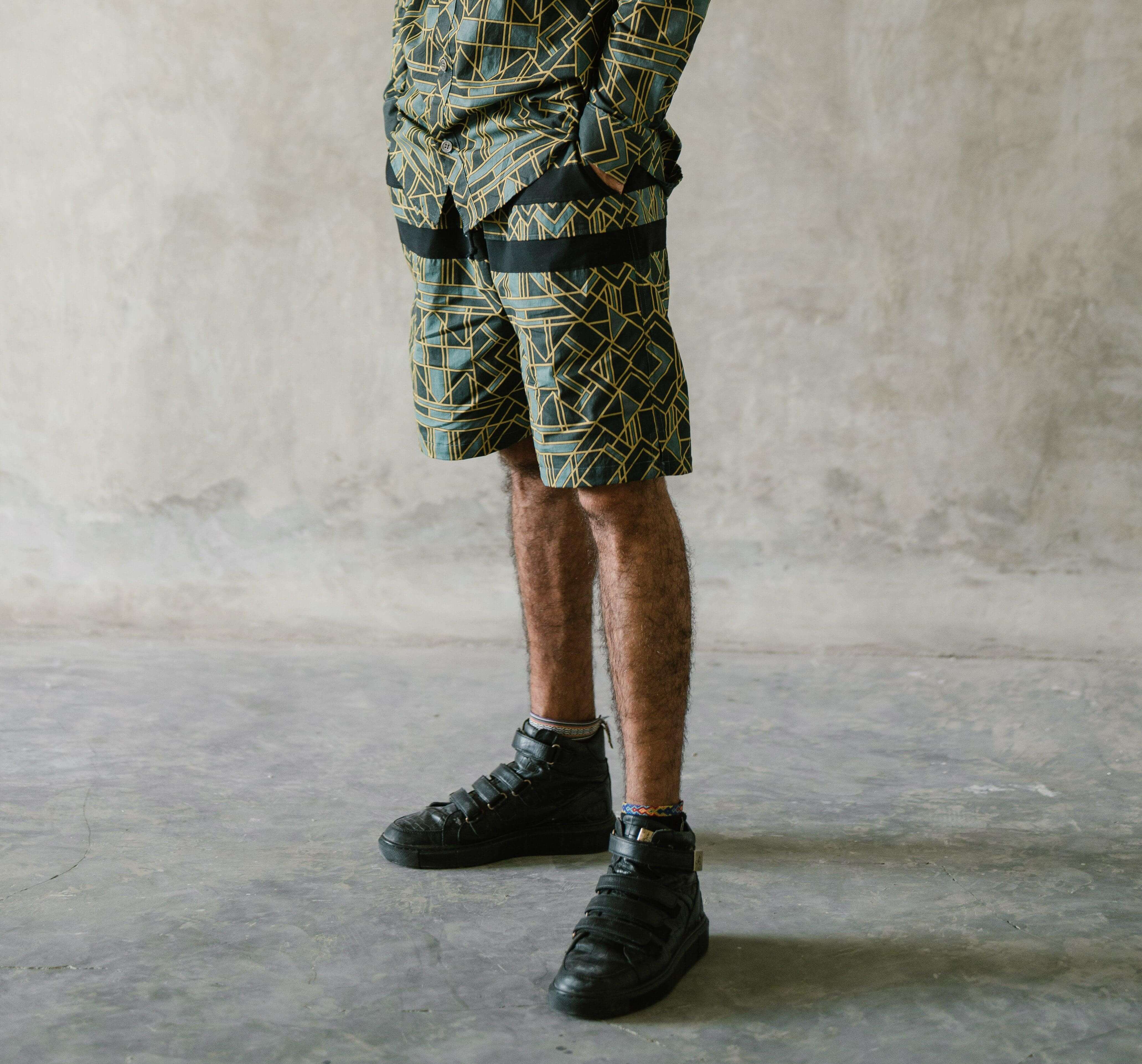 VALO SPIRIT PANTAI SHORTS Green Geometric - Light cotton summer shorts with designer art work print - VALO Design Clothing