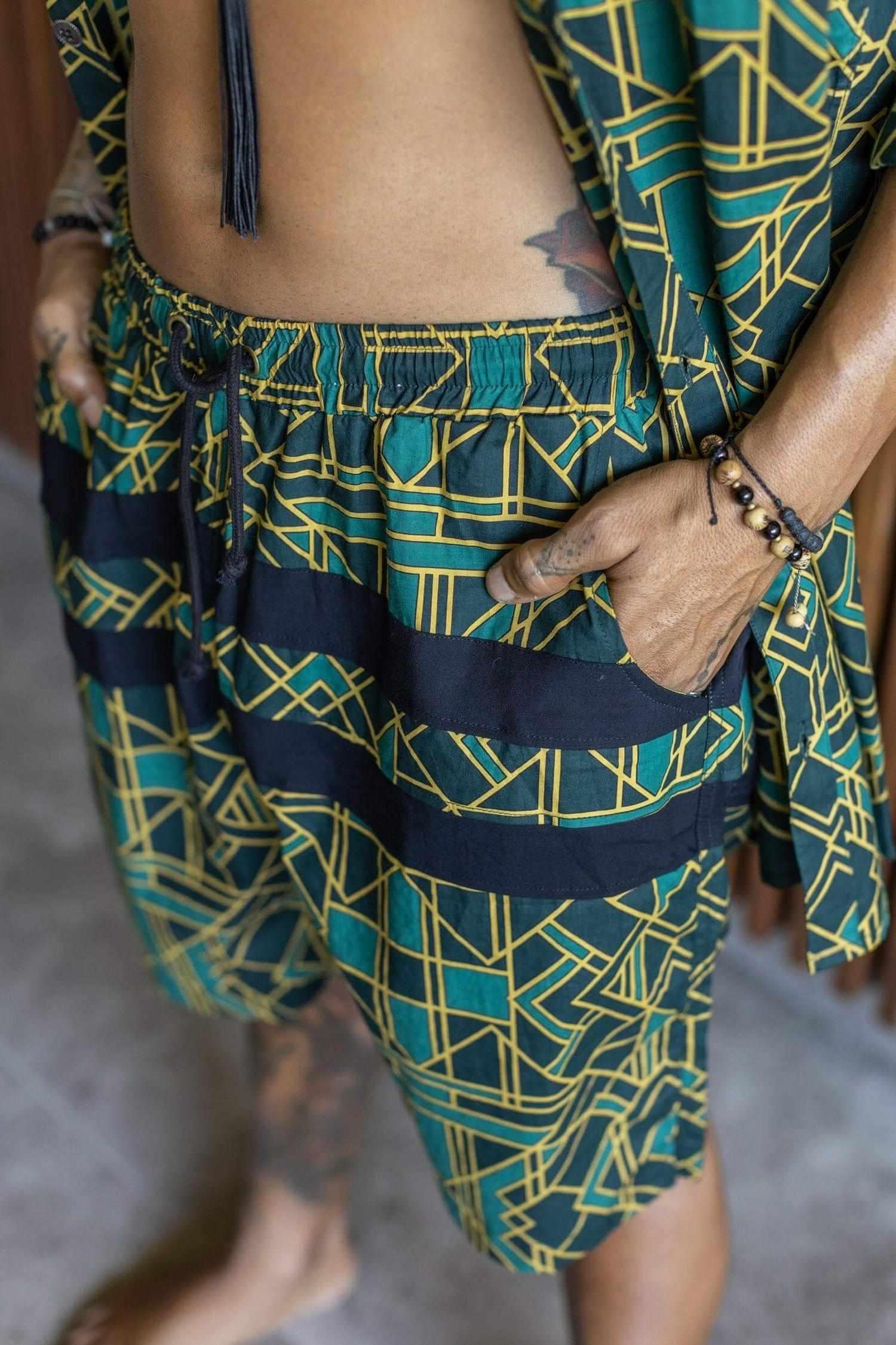 VALO SPIRIT PANTAI SHORTS Green Geometric - Light cotton summer shorts with designer art work print - VALO Design Clothing