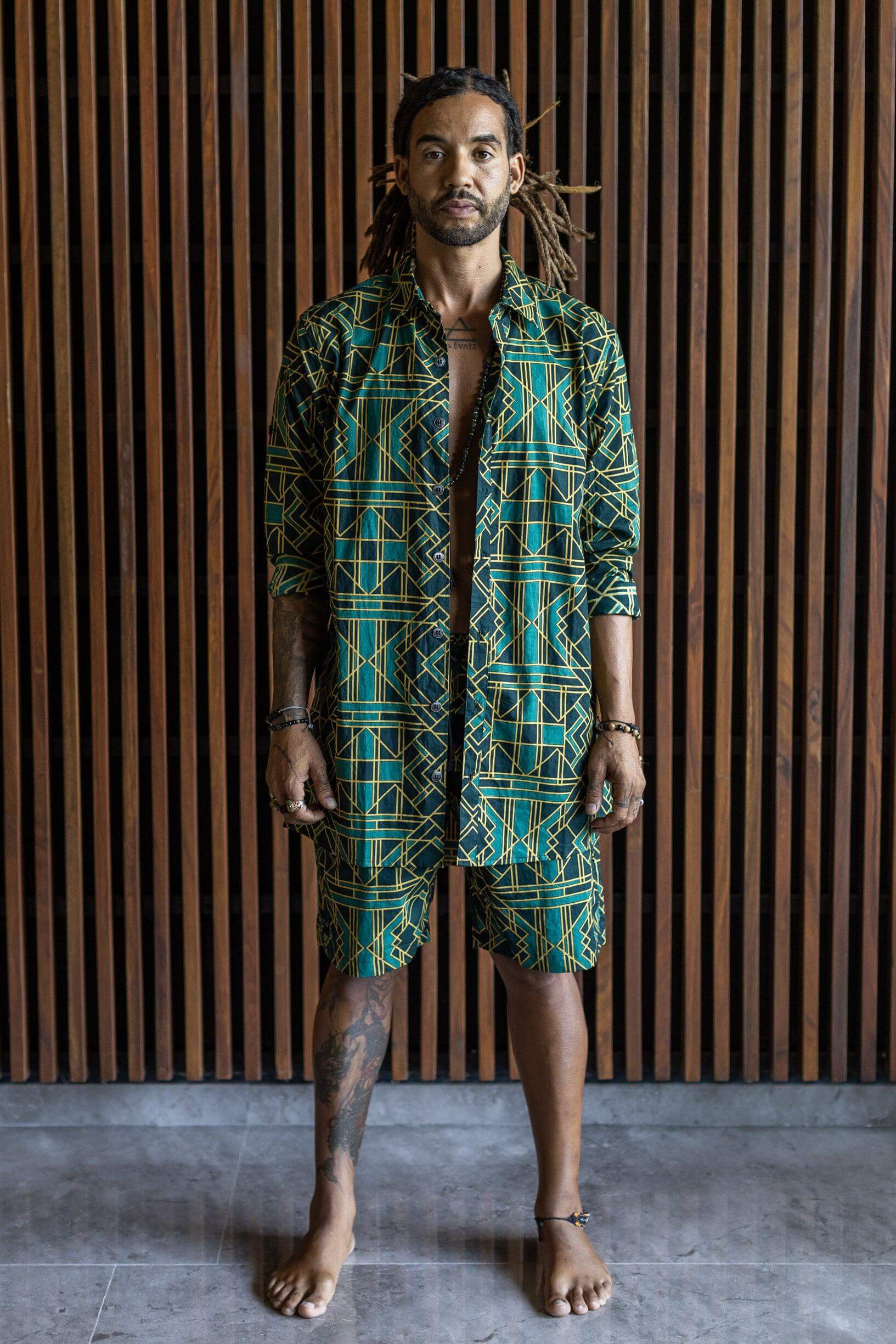 VALO SPIRIT PANTAI SHORTS Green Geometric - Light cotton summer shorts with designer art work print - VALO Design Clothing
