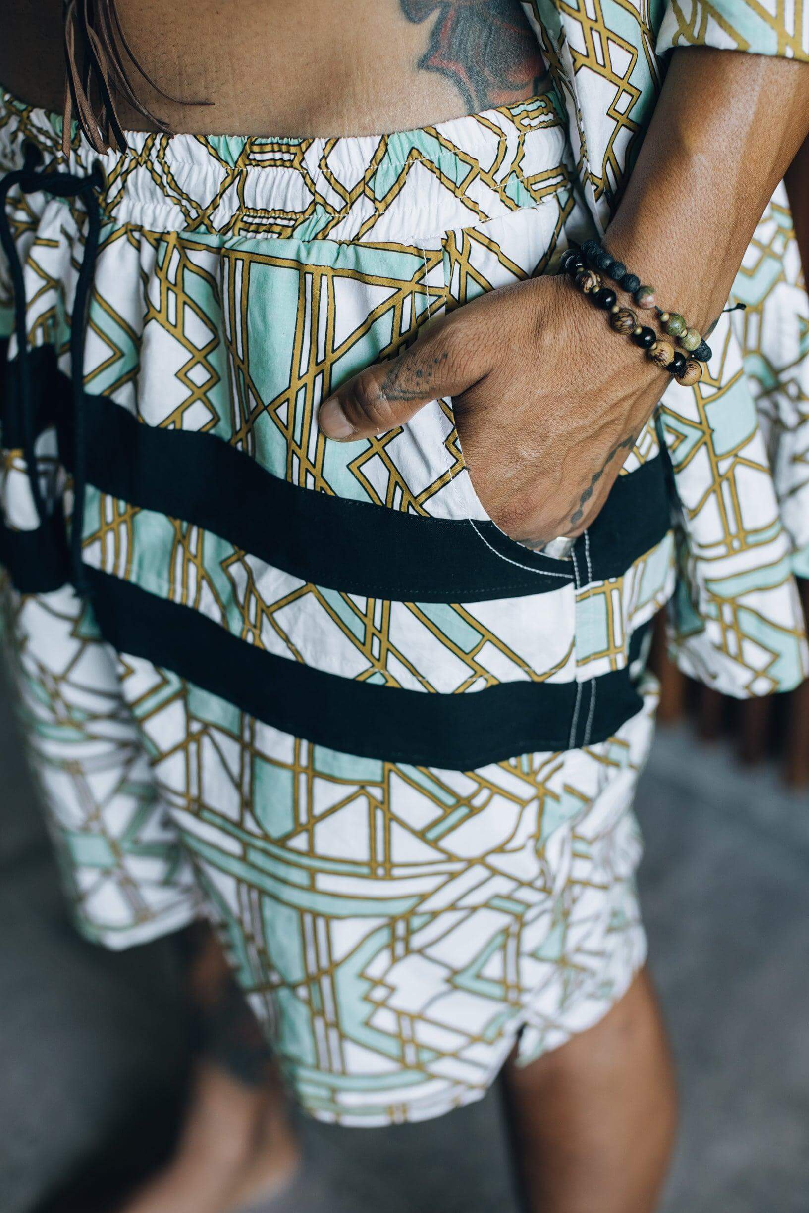 VALO SPIRIT PANTAI SHORTS White Geometric - Light cotton summer shorts with designer art work print - VALO Design Clothing