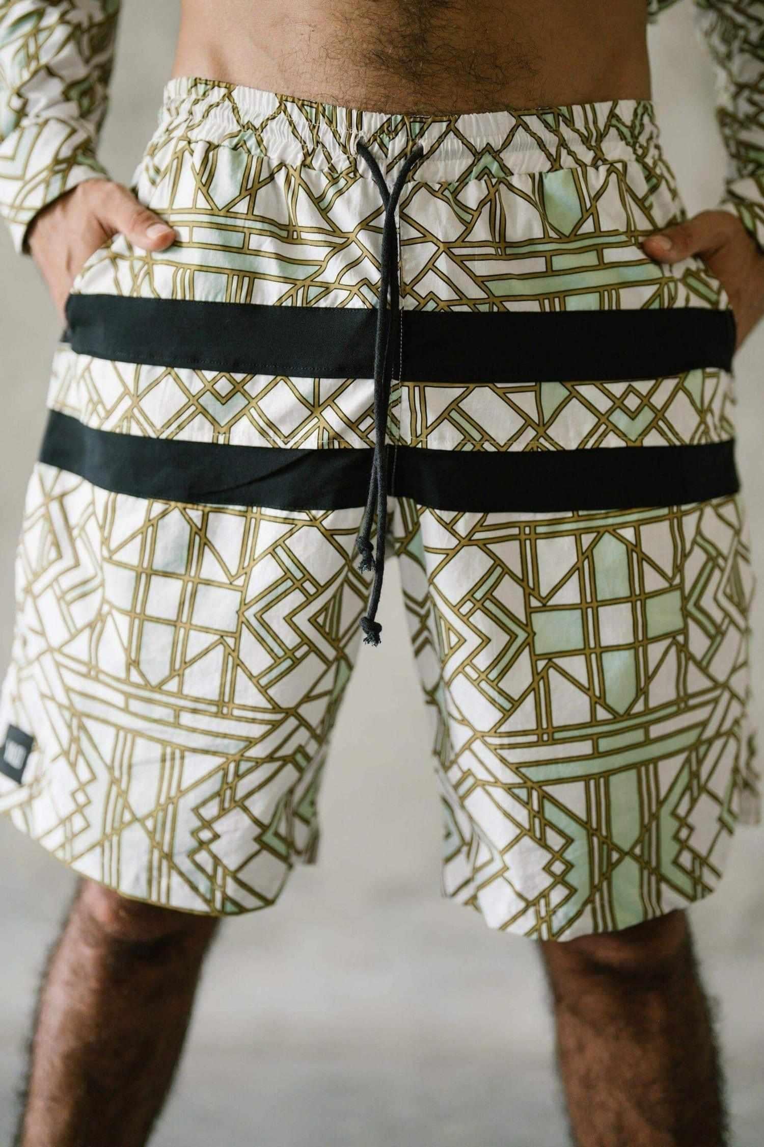 VALOdesigns Pants White / Mint / Gold / Black VALO SPIRIT PANTAI SHORTS White Geometric - Light cotton summer shorts with designer art work print