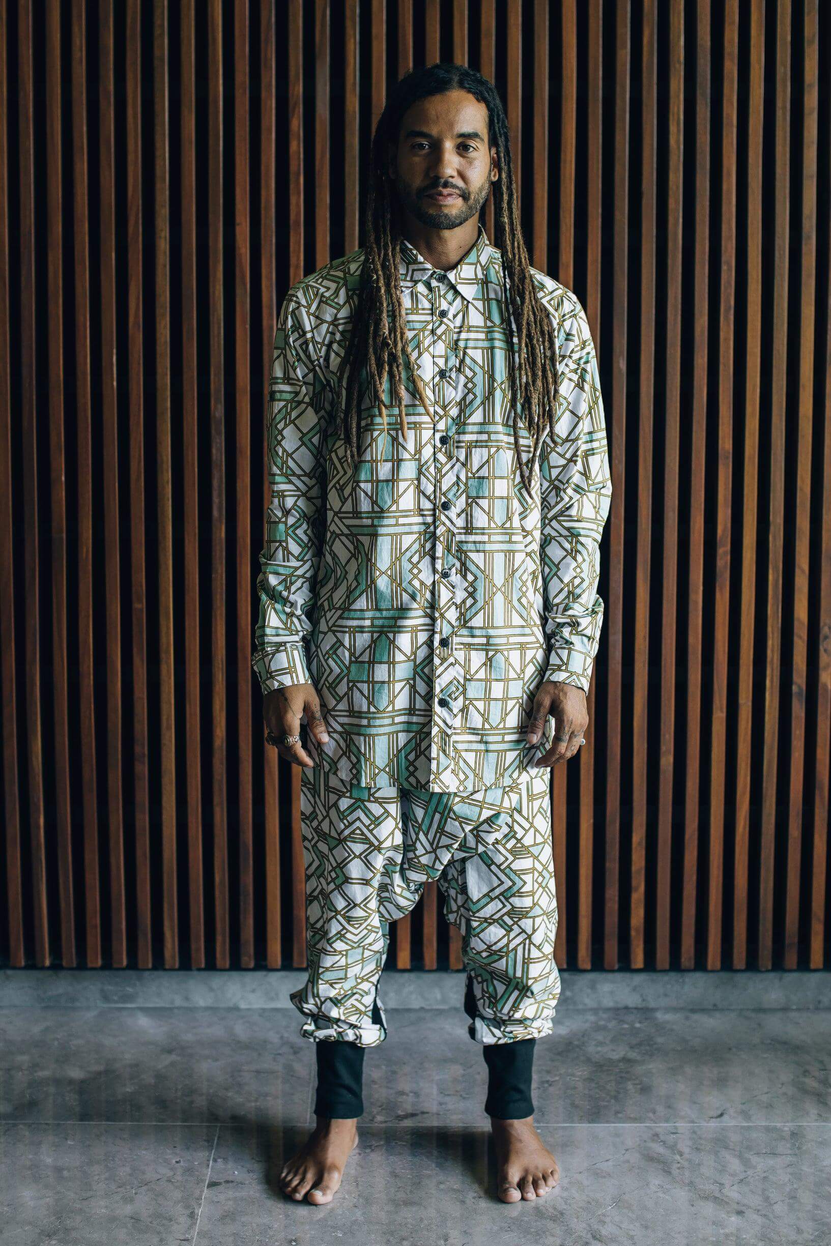 VALO SPIRIT PANTAI White Geometric - A classic slim fit button up shirt with unique print - VALO Design Clothing