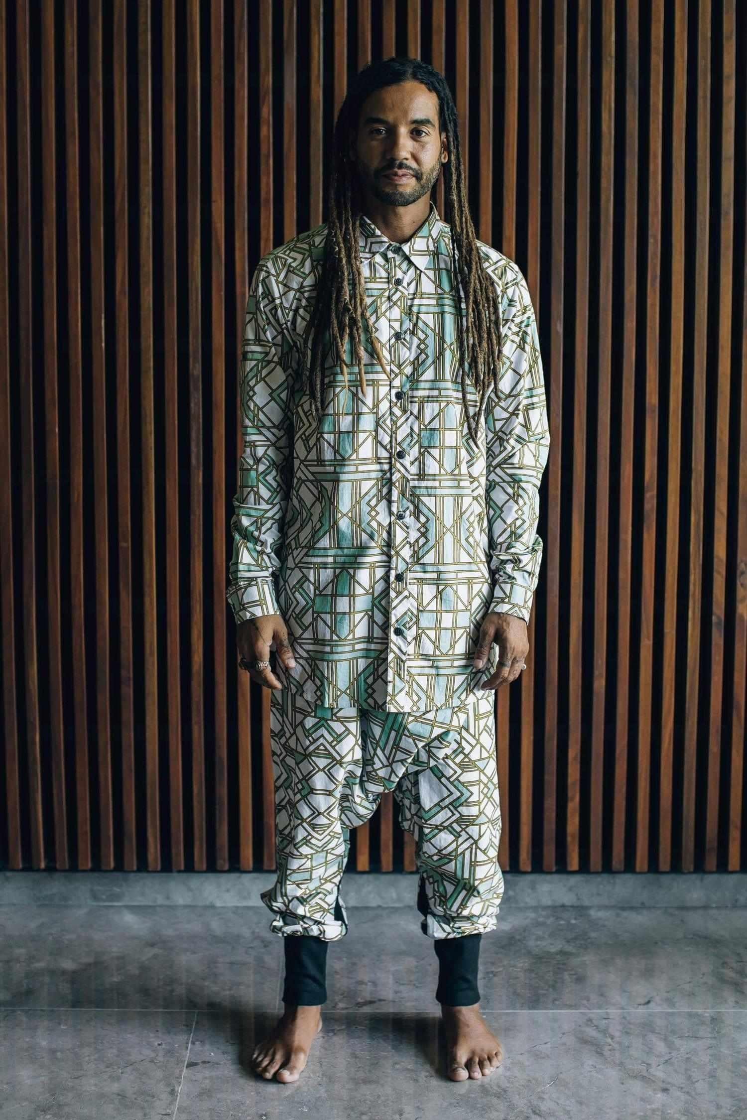 VALO SPIRIT PANTAI White Geometric - A classic slim fit button up shirt with unique print - VALO Design Clothing