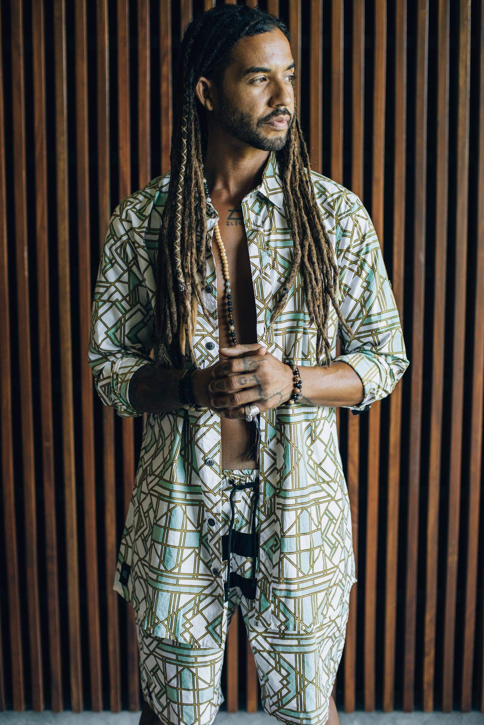 VALO SPIRIT PANTAI White Geometric - A classic slim fit button up shirt with unique print - VALO Design Clothing