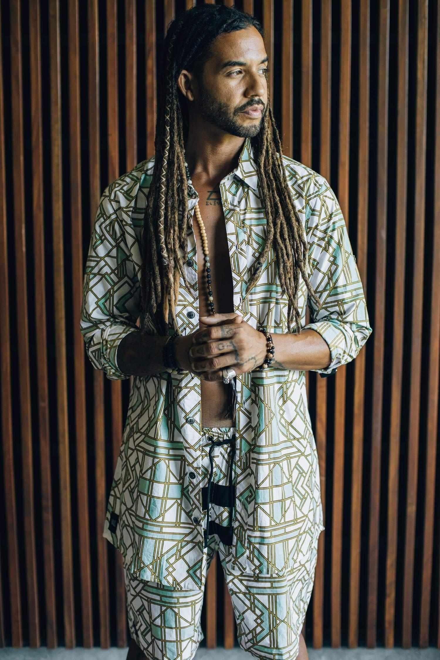 VALO SPIRIT PANTAI White Geometric - A classic slim fit button up shirt with unique print - VALO Design Clothing