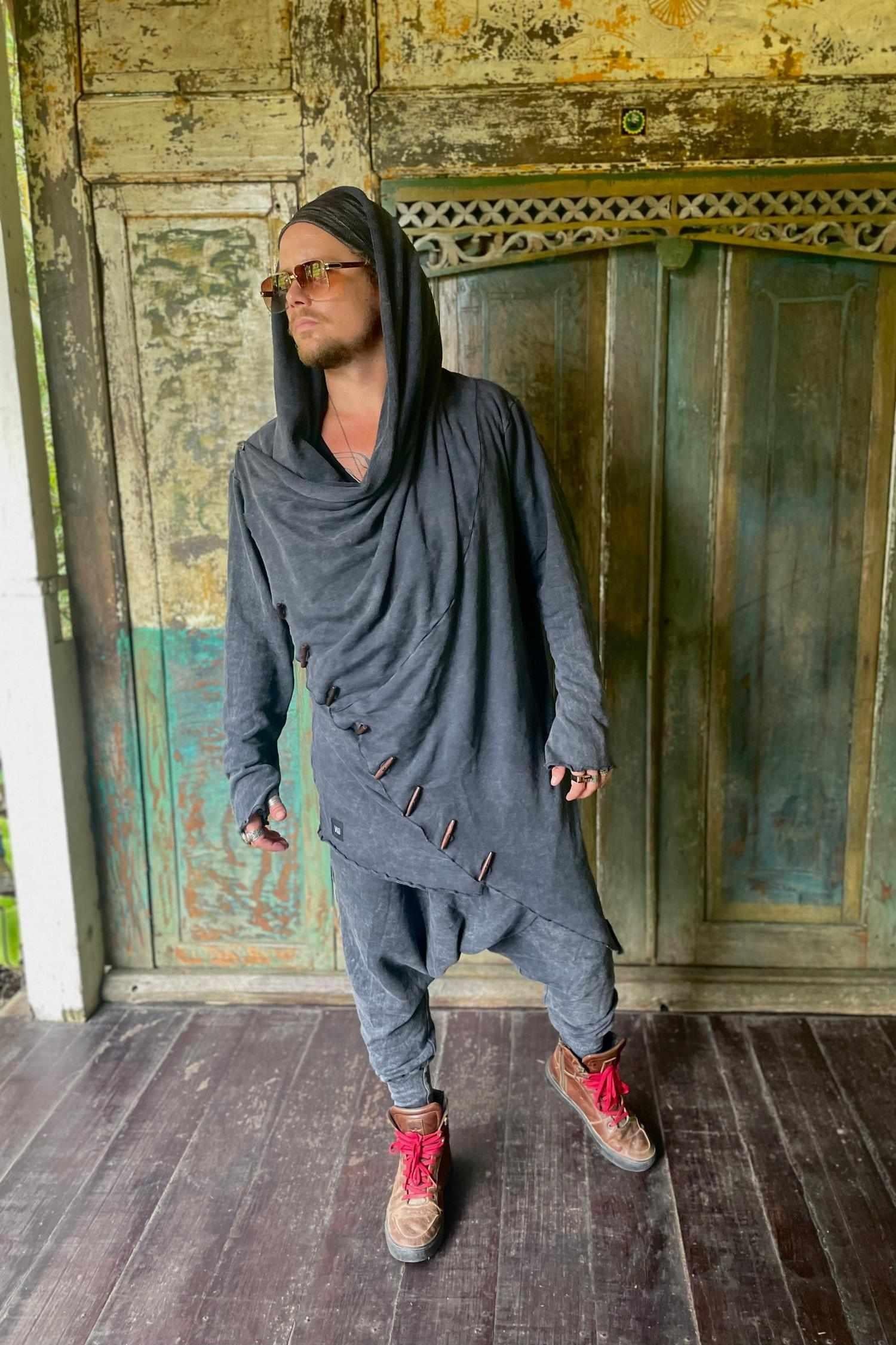 VALO Design Pants URBAN NINJA - Elegant Black Stonewash / Dark Grey harem drop crotch trousers from high quality 100% cotton