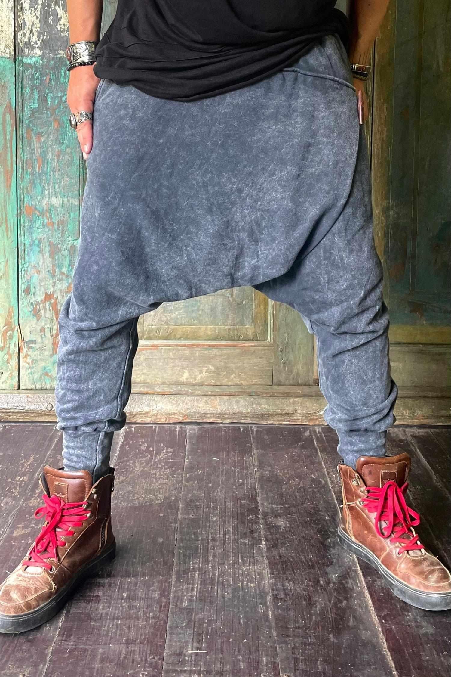 VALO Design Pants URBAN NINJA - Elegant Black Stonewash / Dark Grey harem drop crotch trousers from high quality 100% cotton