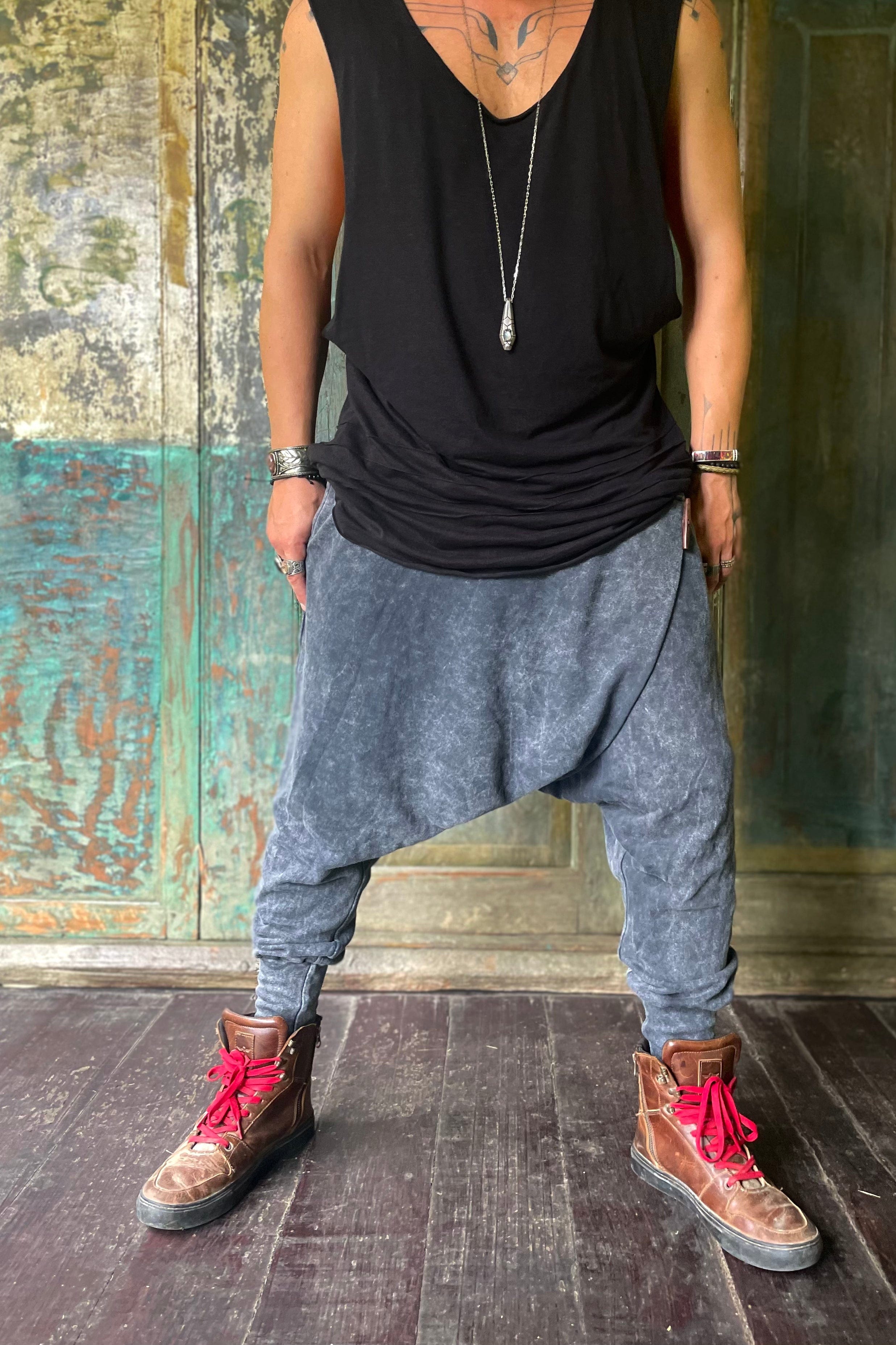 VALO Design Pants URBAN NINJA - Elegant Black Stonewash / Dark Grey harem drop crotch trousers from high quality 100% cotton