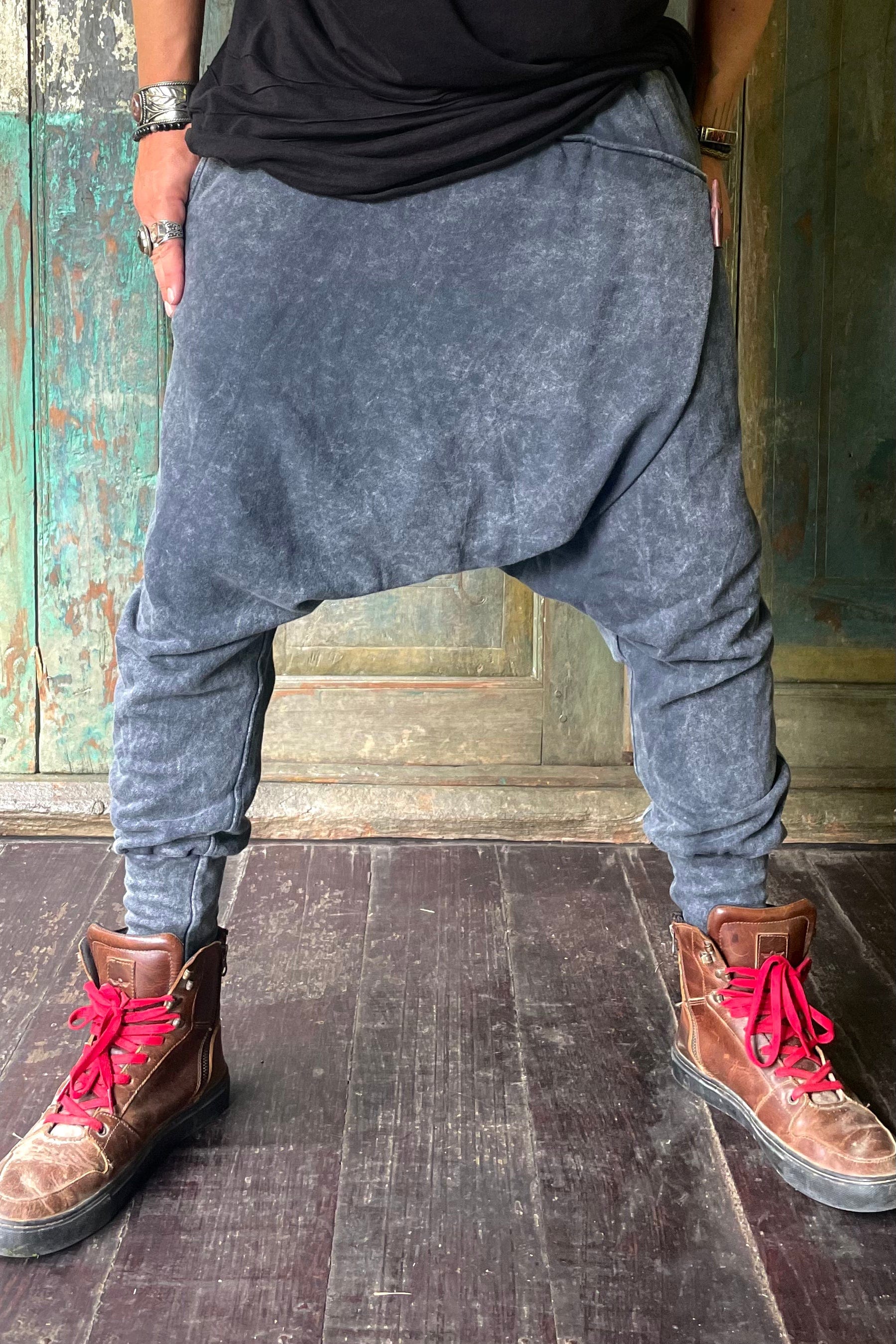 VALO Design Pants URBAN NINJA - Elegant Black Stonewash / Dark Grey harem drop crotch trousers from high quality 100% cotton