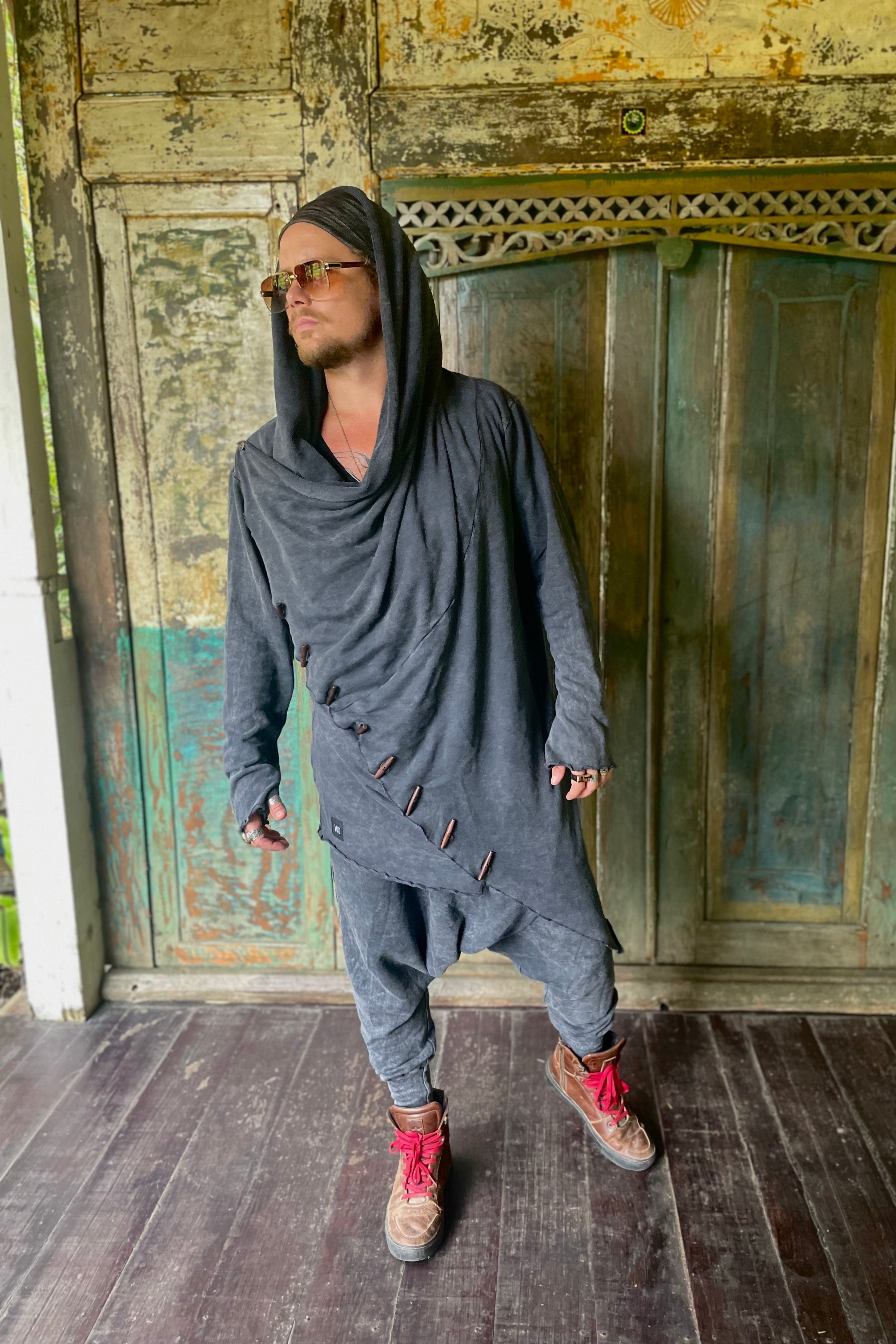 VALO Design Pants URBAN NINJA - Elegant Black Stonewash / Dark Grey harem drop crotch trousers from high quality 100% cotton