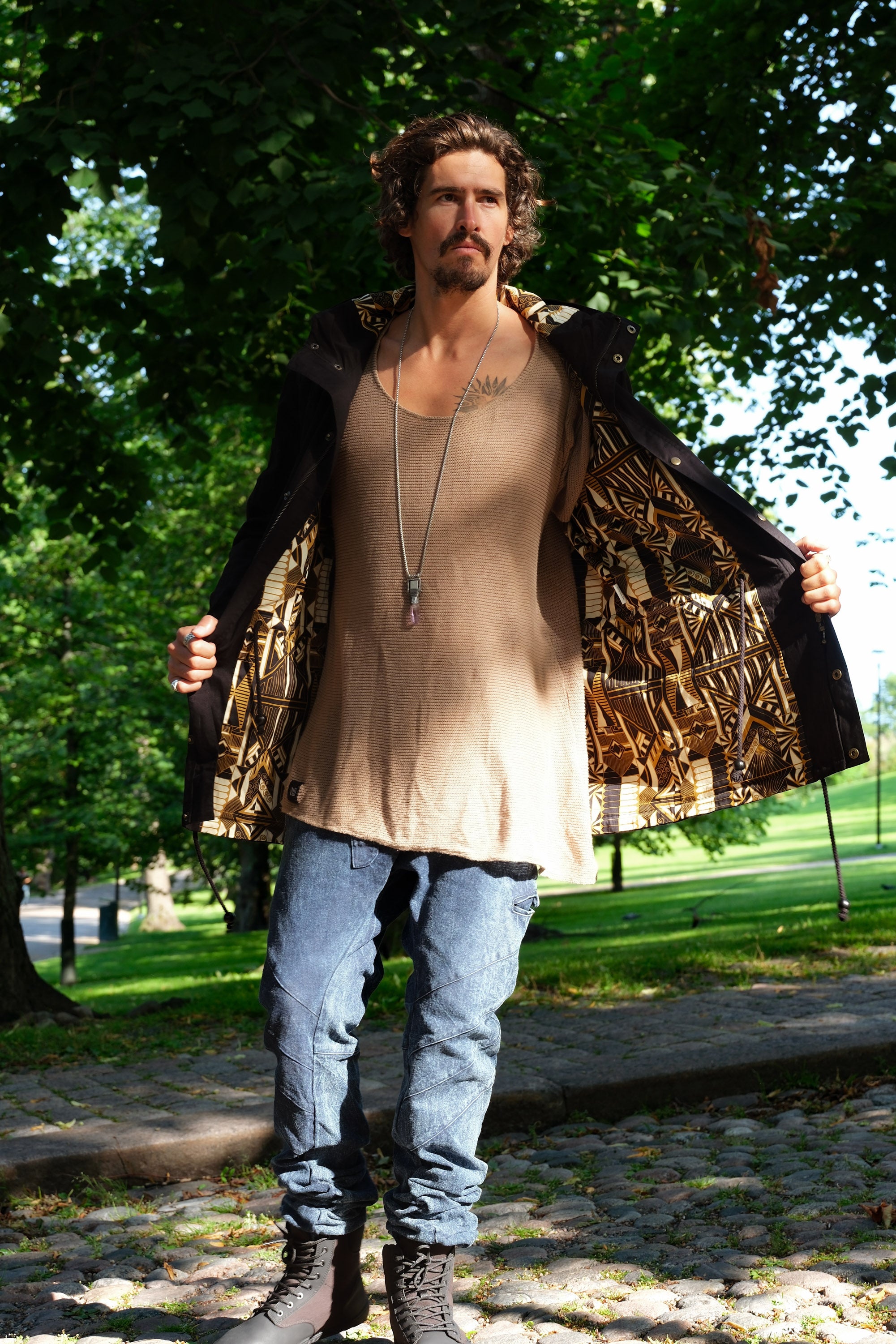 LUONTO JACKET Black - Hooded Double Layered Cotton Print Art Zipper Coat