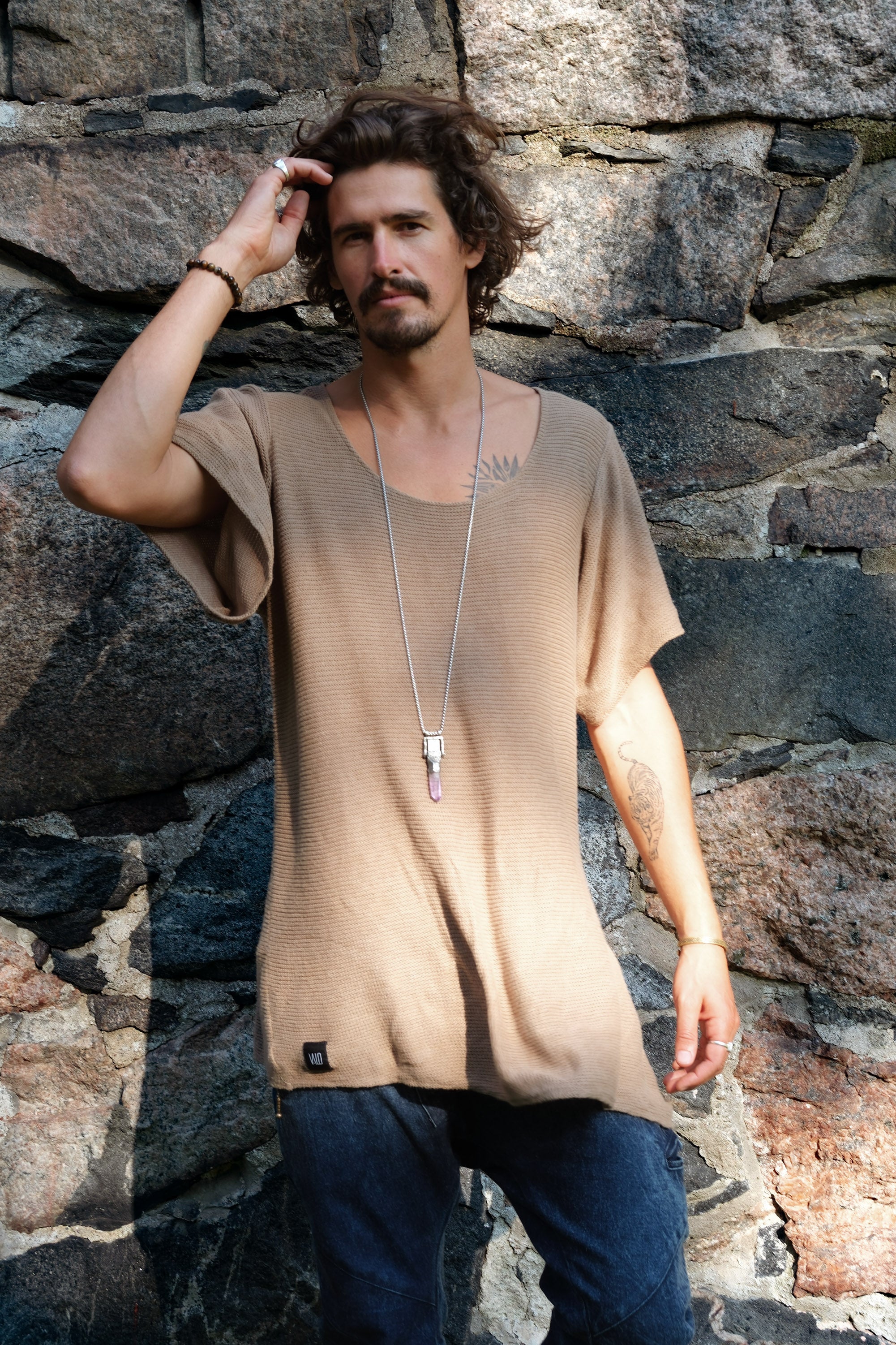 HIHA TEE KNIT - Asymmetric Mid Long Sleeve Round Neck Cotton Shirt