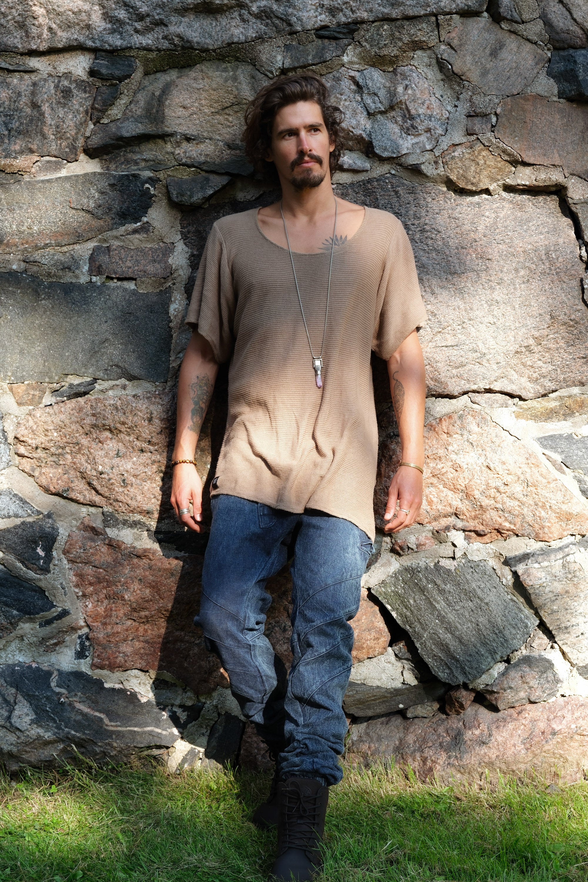 HIHA TEE KNIT - Asymmetric Mid Long Sleeve Round Neck Cotton Shirt