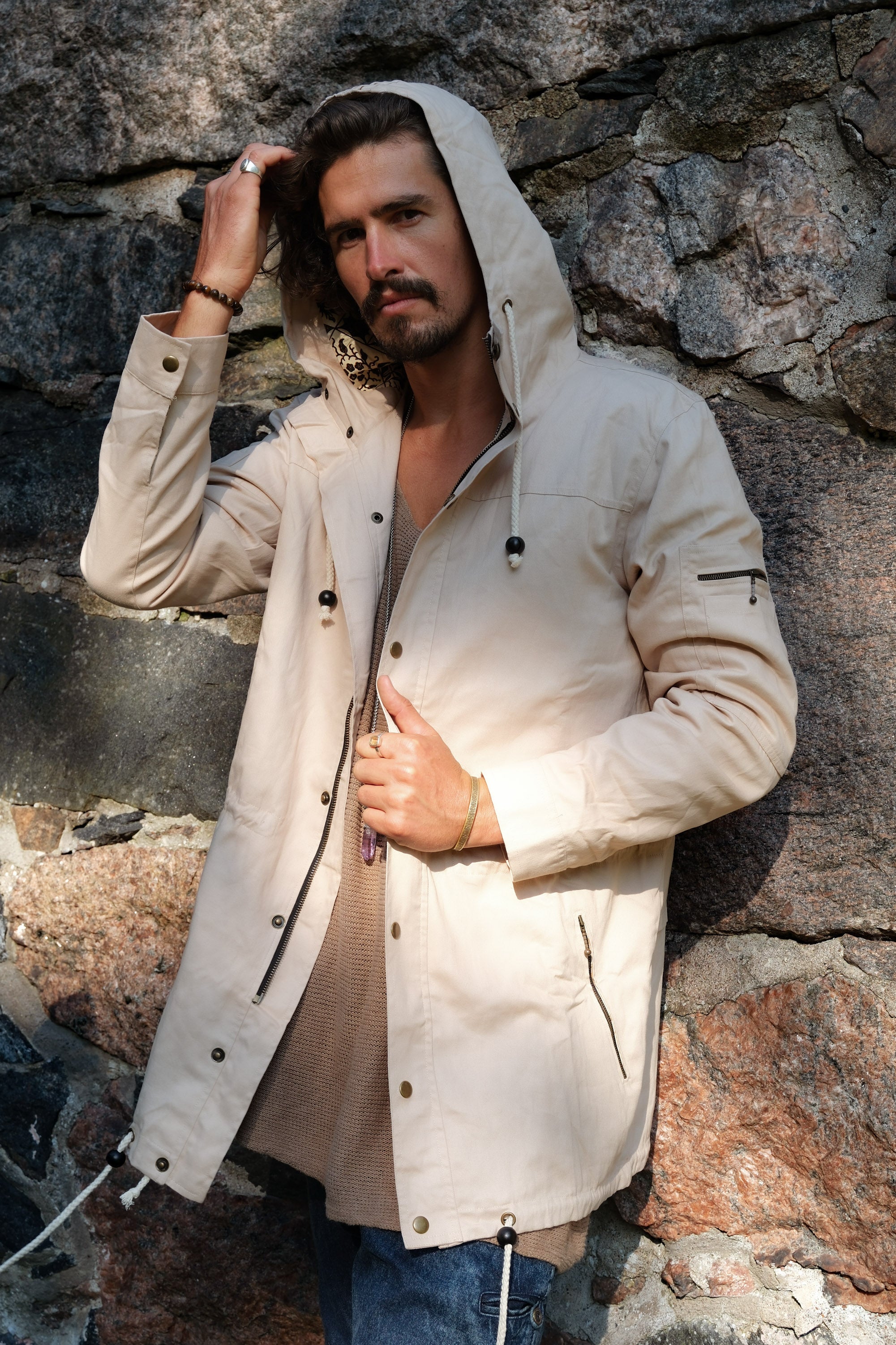 LUONTO JACKET Beige Cream - Hooded Double Layered Cotton Print Art Zipper Coat