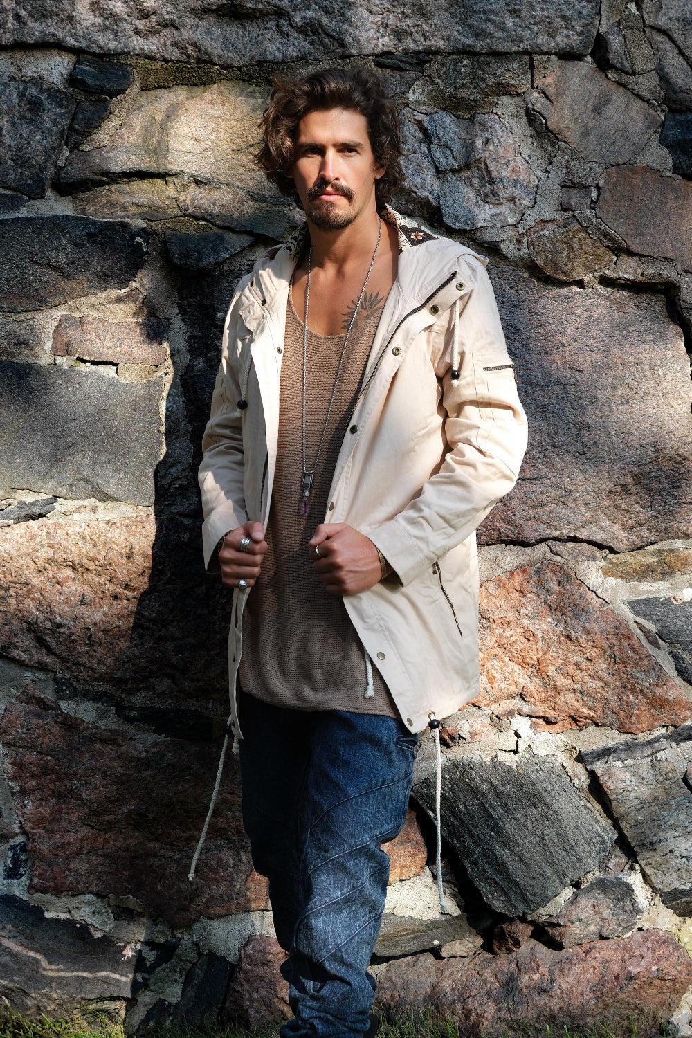 LUONTO JACKET Beige Cream - Hooded Double Layered Cotton Print Art Zipper Coat