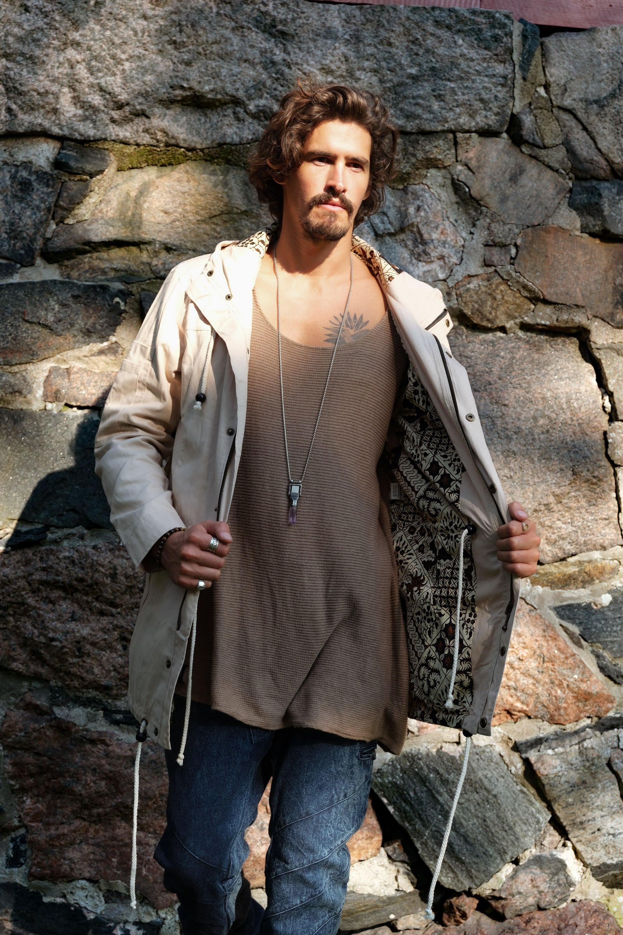 LUONTO JACKET Beige Cream - Hooded Double Layered Cotton Print Art Zipper Coat