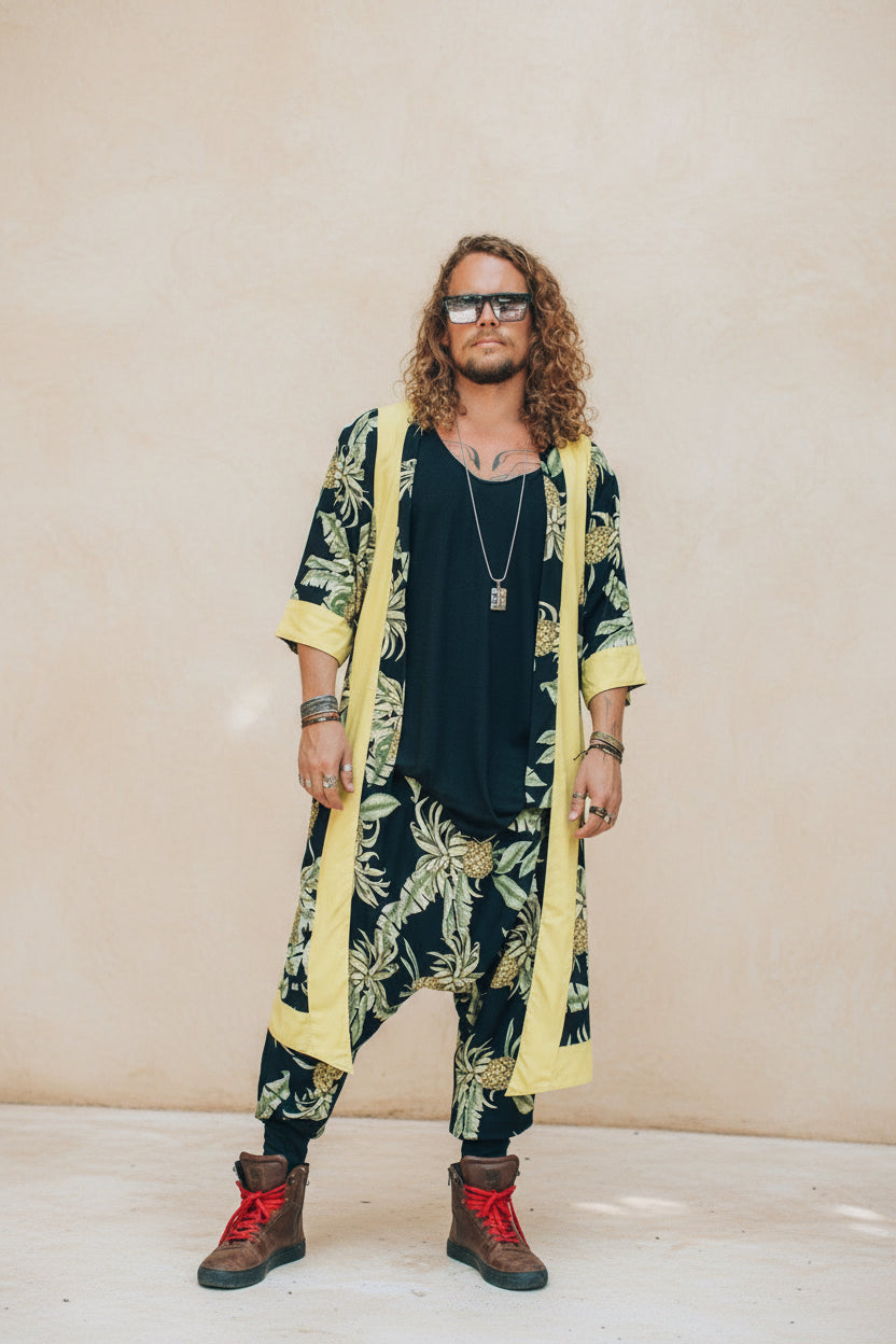 VALO Design Clothing Capes Pineapple Batik w/ yellow details BALI SPIRIT Black Pineapple Batik  - elegant & unique nomad cotton kimono