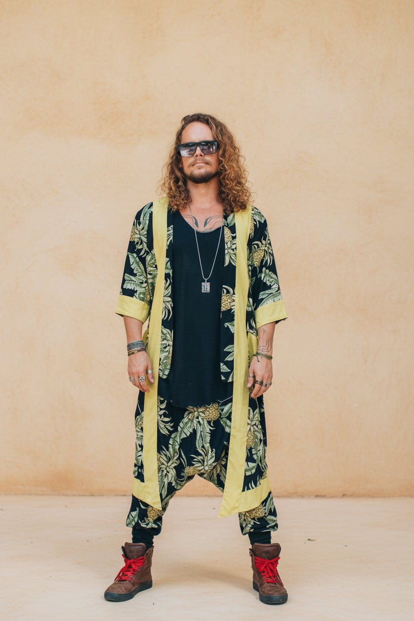 VALO Design Clothing Capes Pineapple Batik w/ yellow details BALI SPIRIT Black Pineapple Batik  - elegant & unique nomad cotton kimono