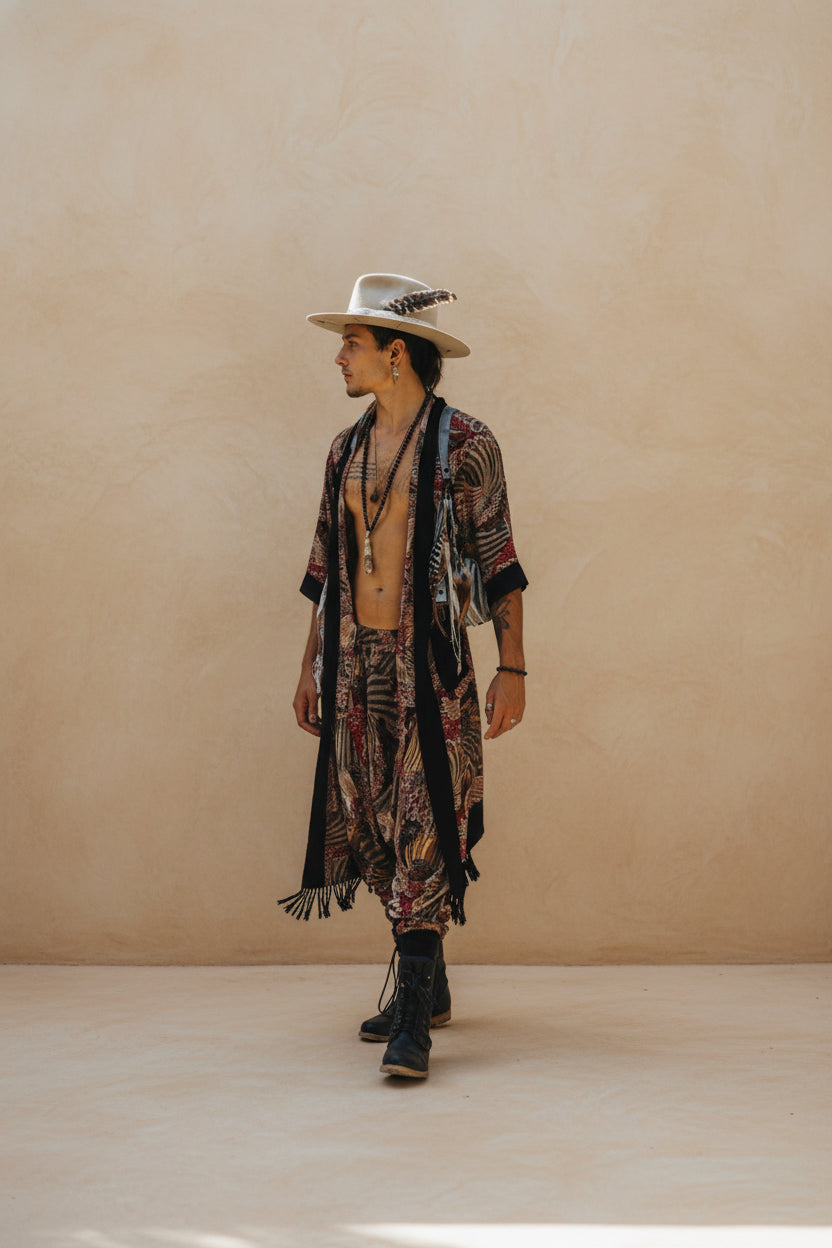 VALO Design Clothing Capes Feather Pattern BALI SPIRIT Feather pattern  - Elegant & unique nomadic kimono