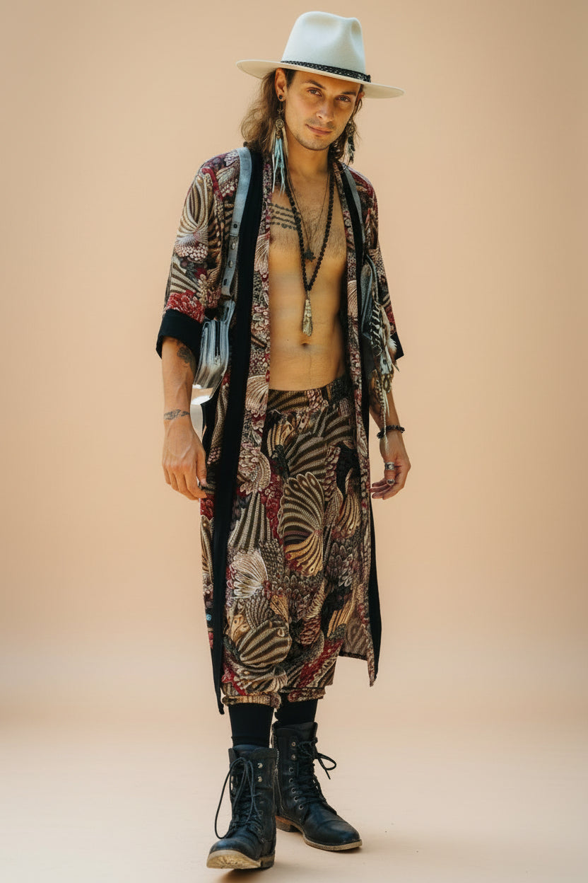 VALO Design Clothing Capes Feather Pattern BALI SPIRIT Feather pattern  - Elegant & unique nomadic kimono