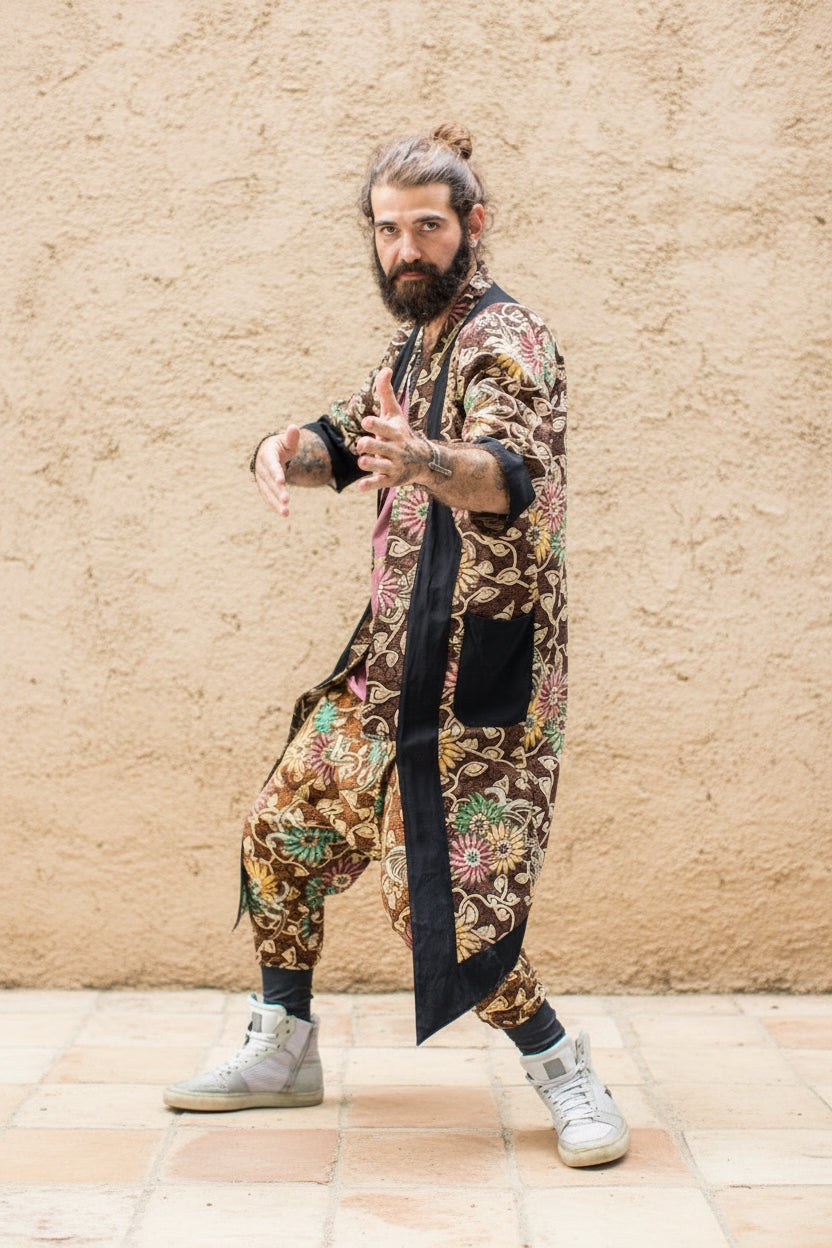 BALI SPIRIT KIMONO - Brown Batik Tropical Print Cotton Cardigan-Kimonos-VALO Design Clothing