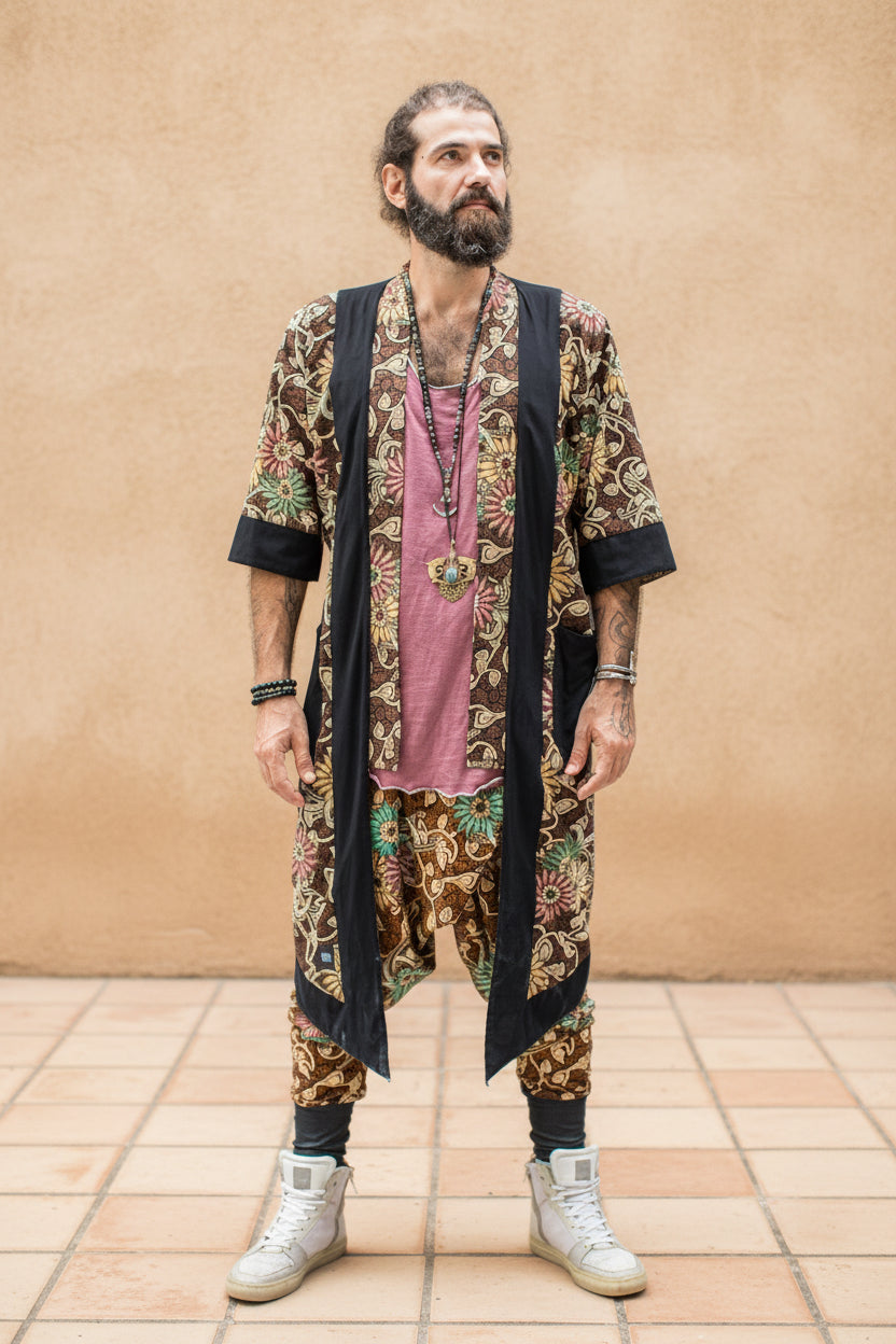 BALI SPIRIT KIMONO - Brown Batik Tropical Print Cotton Cardigan-Kimonos-VALO Design Clothing