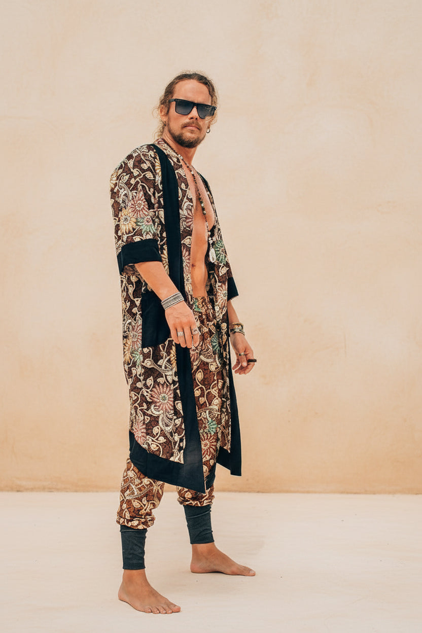 BALI SPIRIT KIMONO - Brown Batik Tropical Print Cotton Cardigan-Kimonos-VALO Design Clothing