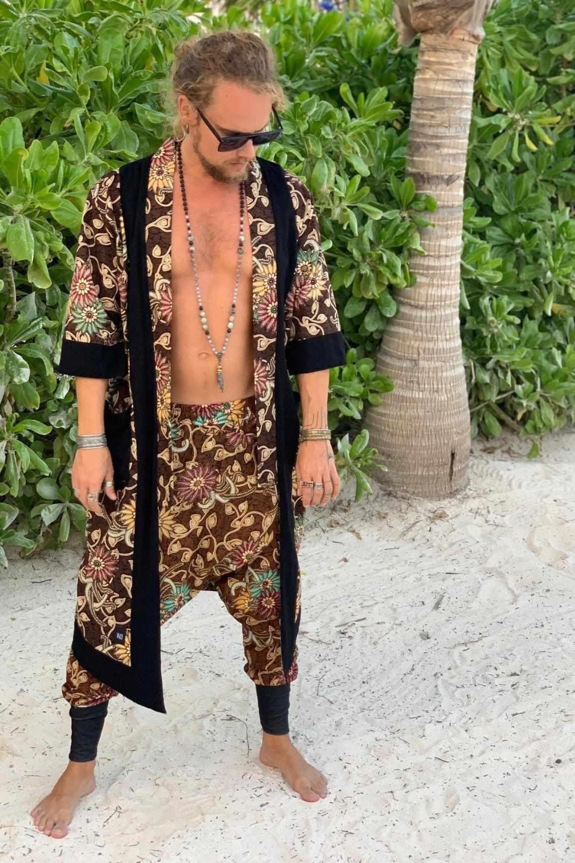 VALO Design Pants NINJA Brown Batik – Elegant and unique boho-style harem drop-crotch pants with a slim-leg cut