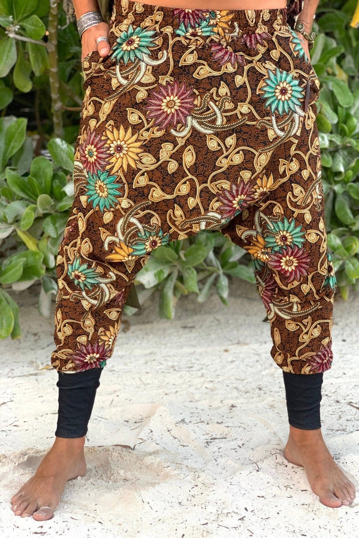 VALO Design Pants NINJA Brown Batik – Elegant and unique boho-style harem drop-crotch pants with a slim-leg cut